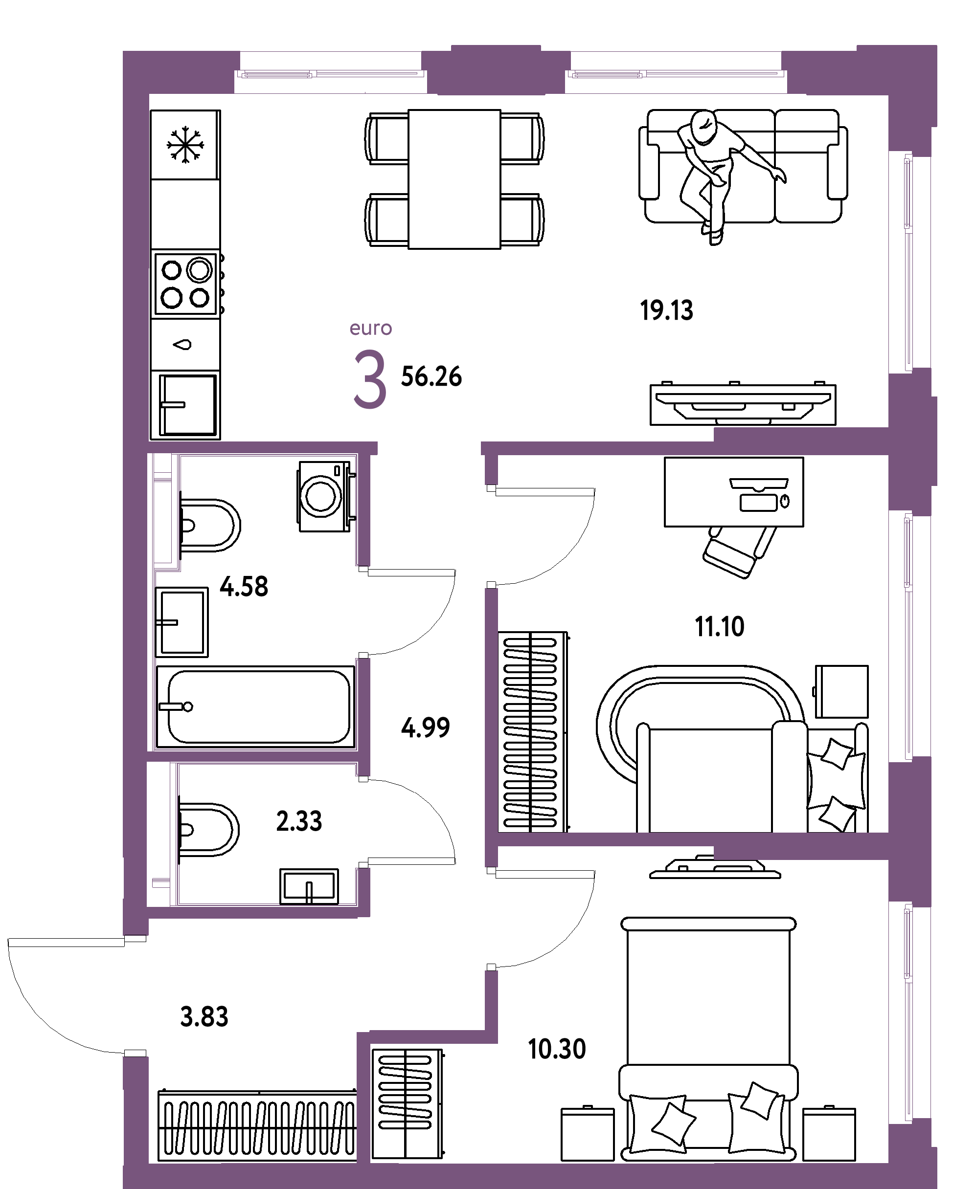 ЖК "Сердце Сибири"-3-комнатная 56.26 м²