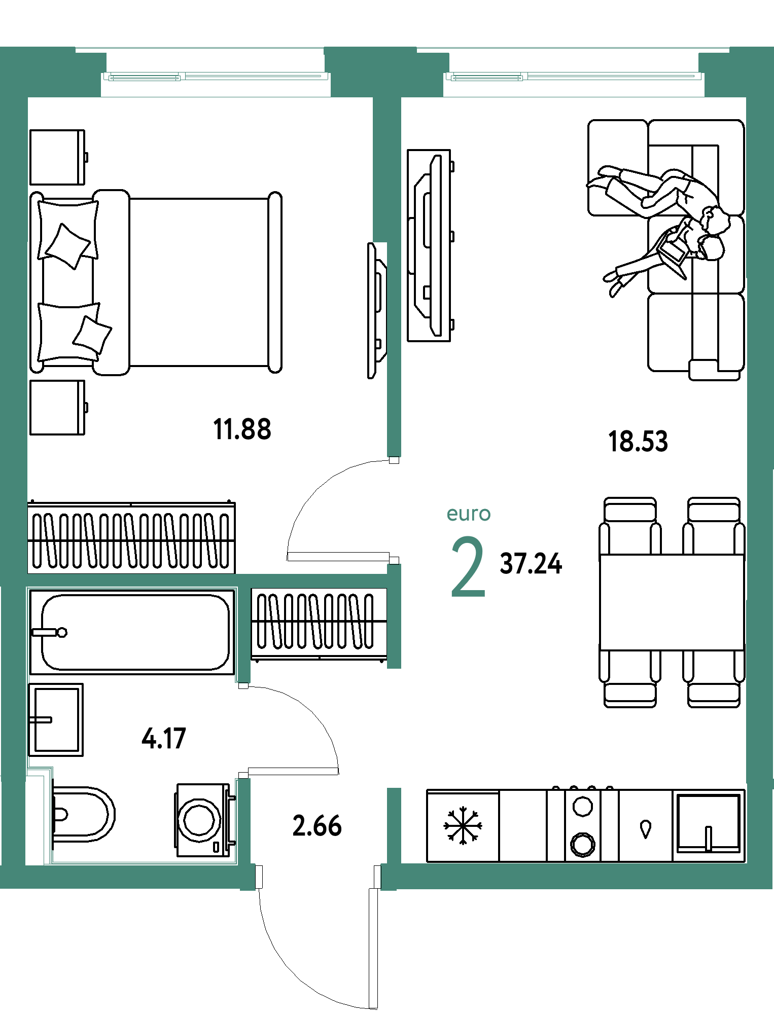 ЖК "Сердце Сибири"-2-комнатная 37.24 м²