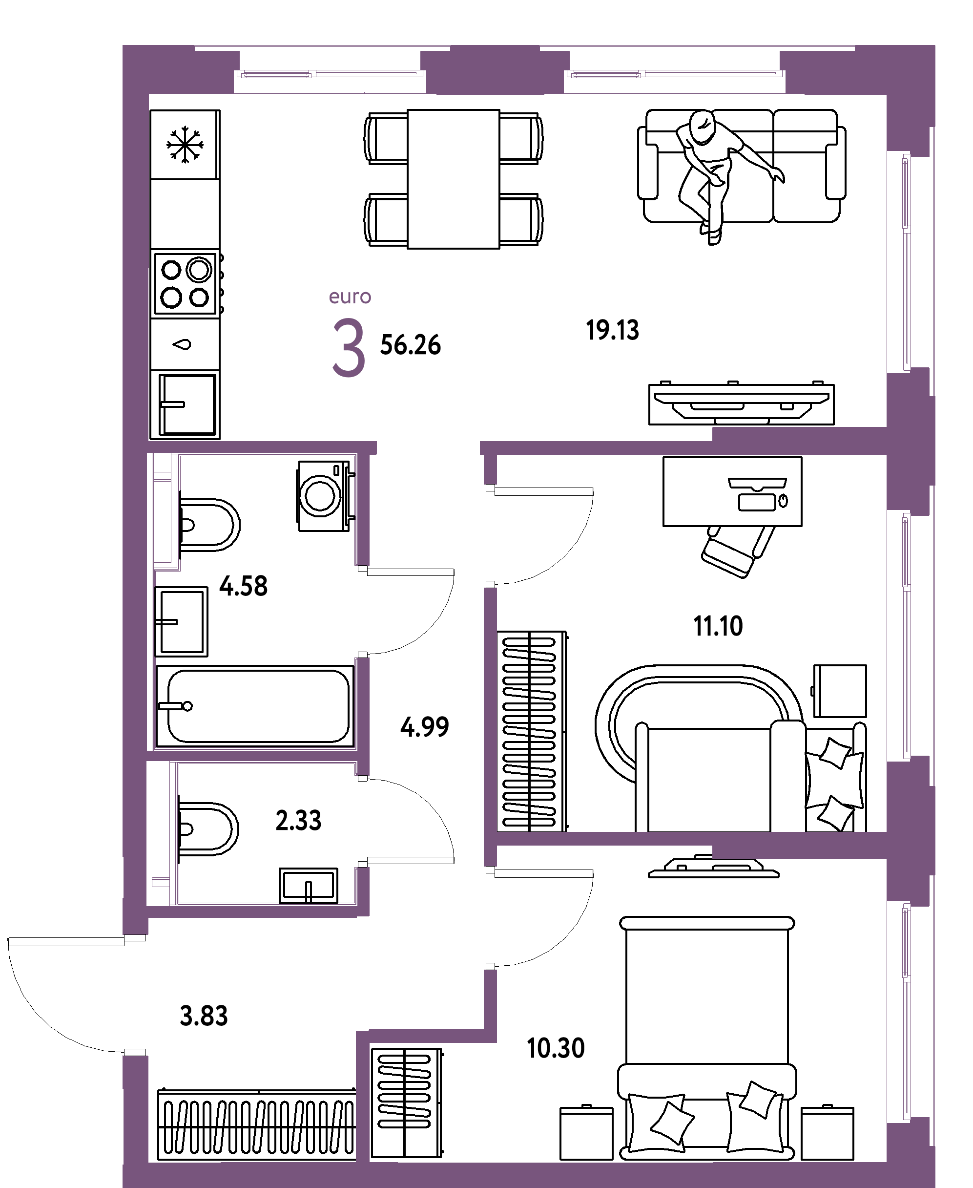 ЖК "Сердце Сибири"-3-комнатная 56.26 м²