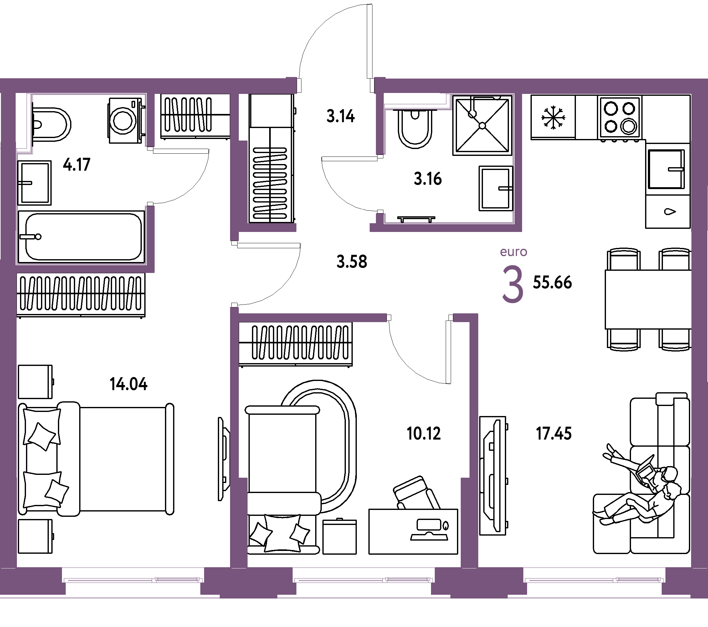 ЖК "Сердце Сибири"-3-комнатная 55.66 м²