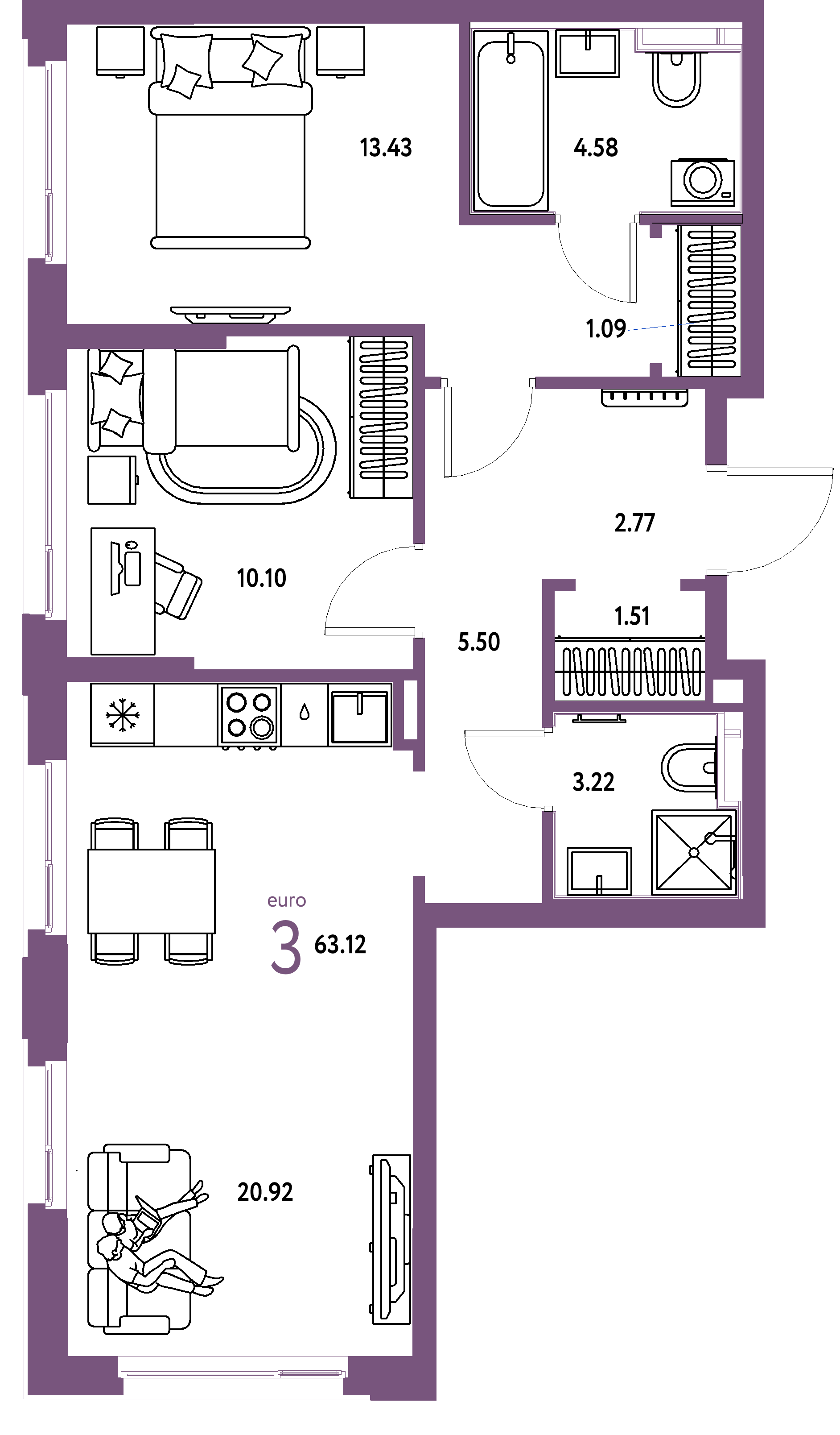 ЖК "Сердце Сибири"-3-комнатная 63.12 м²