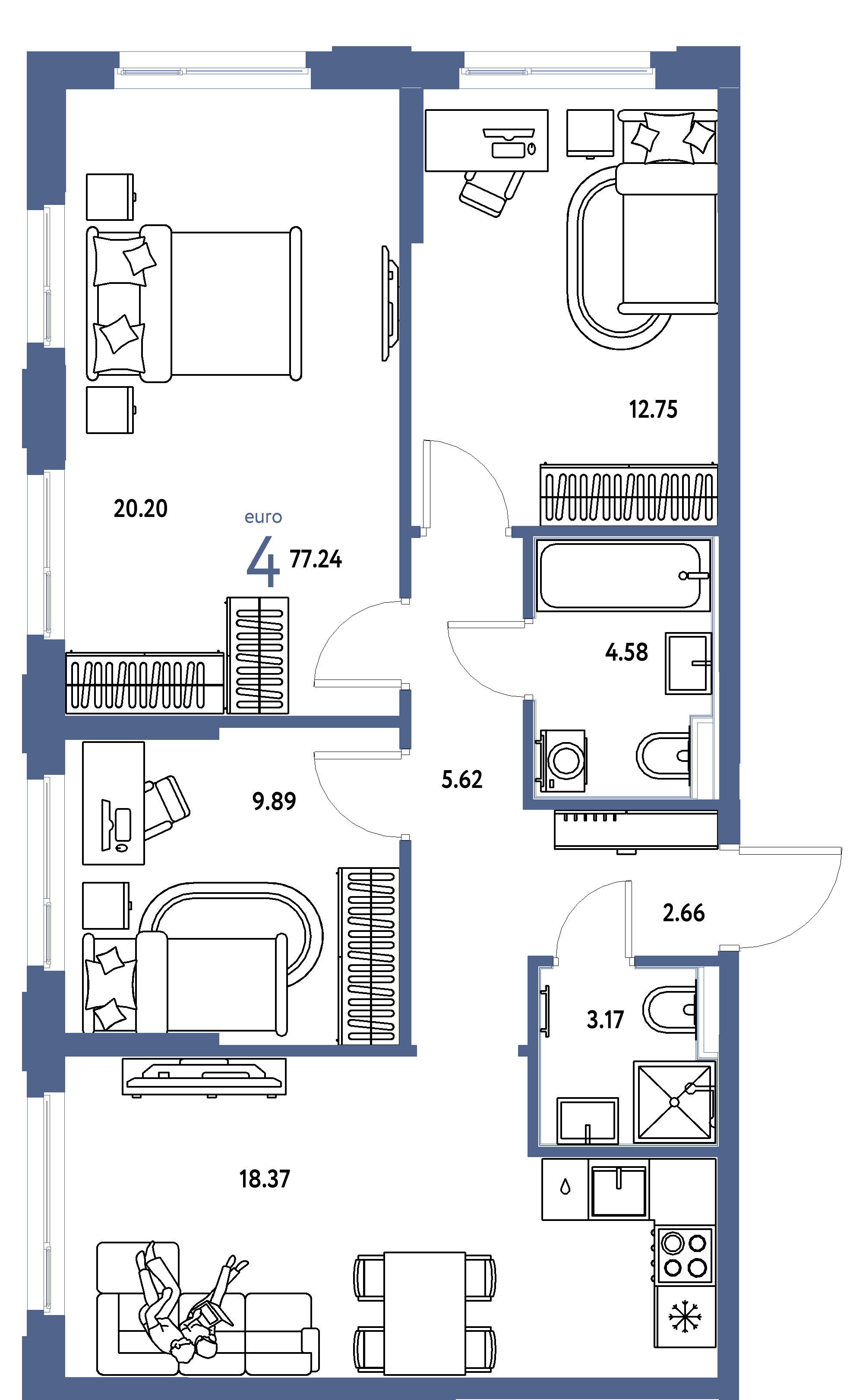 ЖК "Сердце Сибири"-4-комнатная 77.24 м²