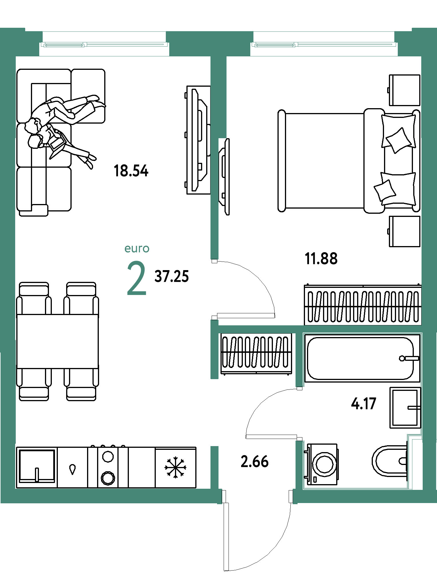 ЖК "Сердце Сибири"-2-комнатная 37.25 м²
