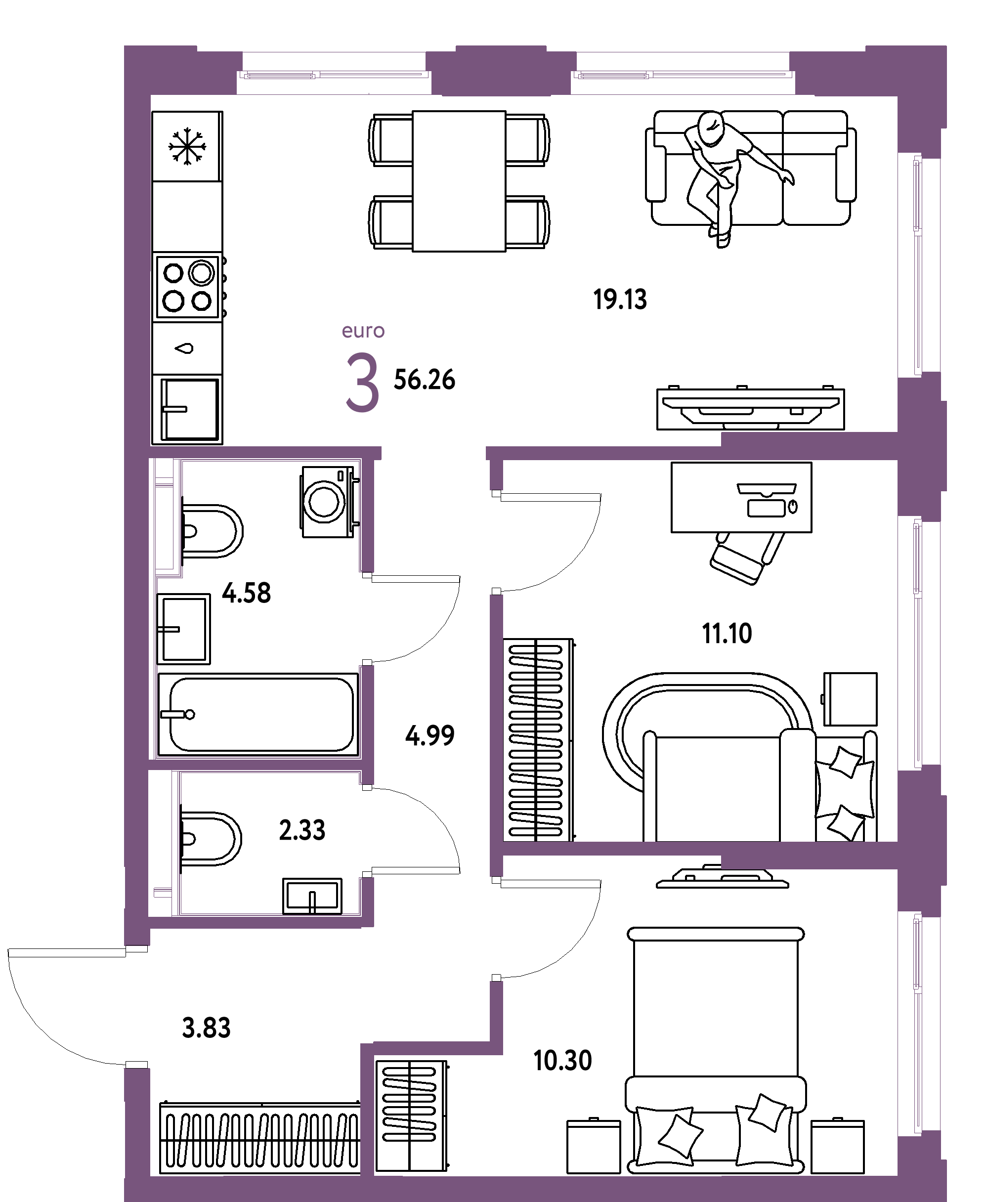 ЖК "Сердце Сибири"-3-комнатная 56.26 м²
