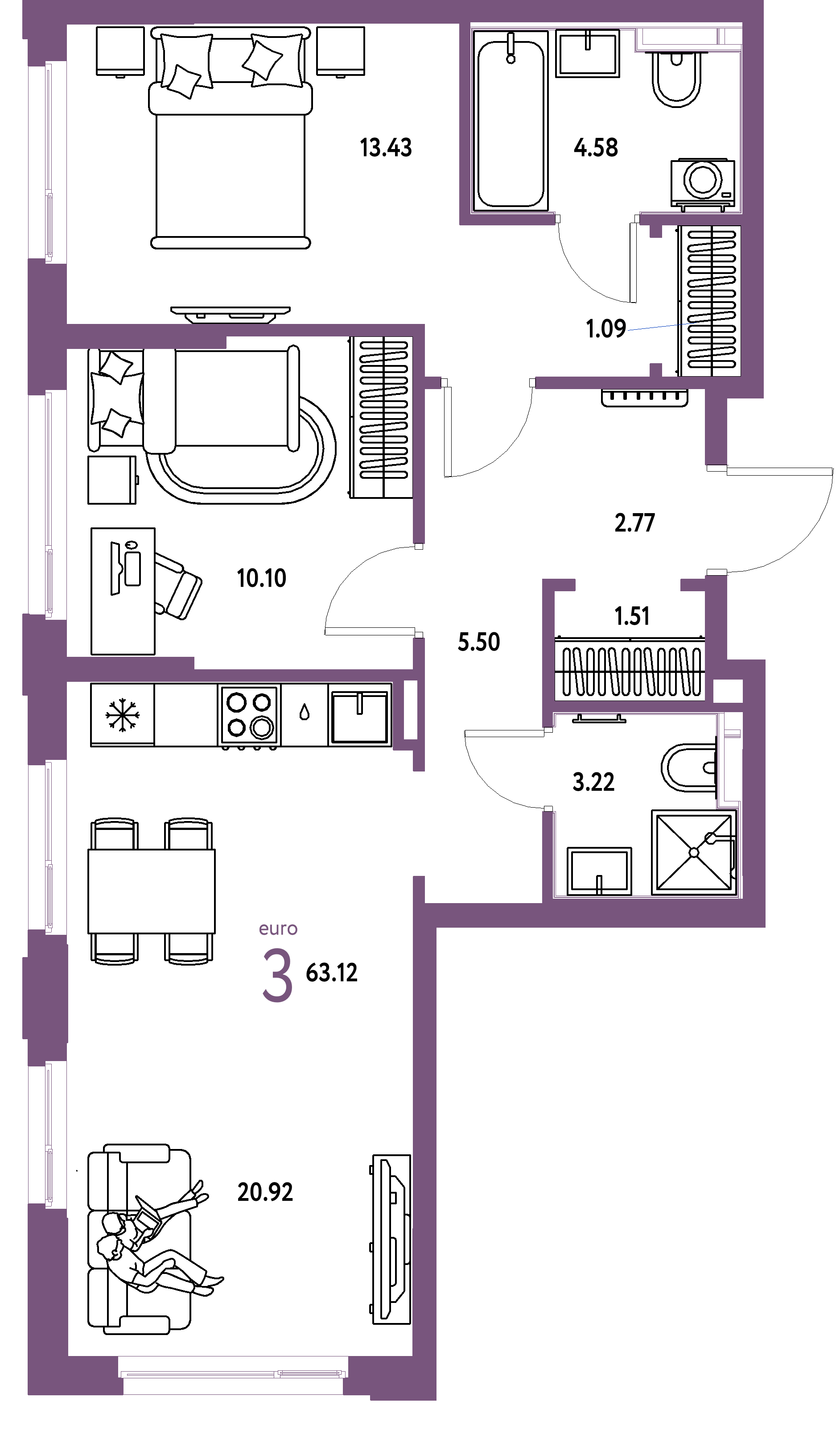 ЖК "Сердце Сибири"-3-комнатная 63.12 м²