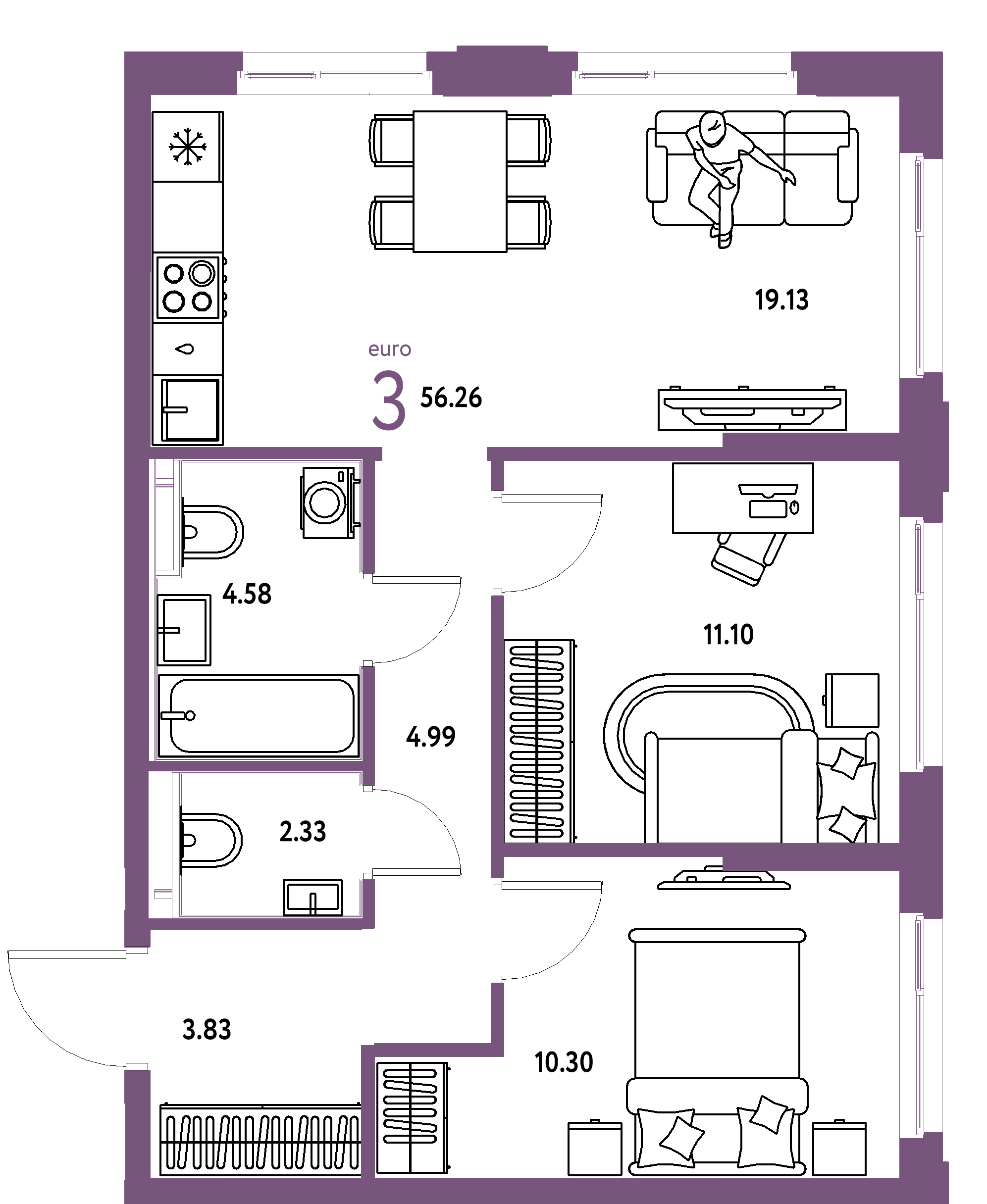 ЖК "Сердце Сибири"-3-комнатная 56.26 м²