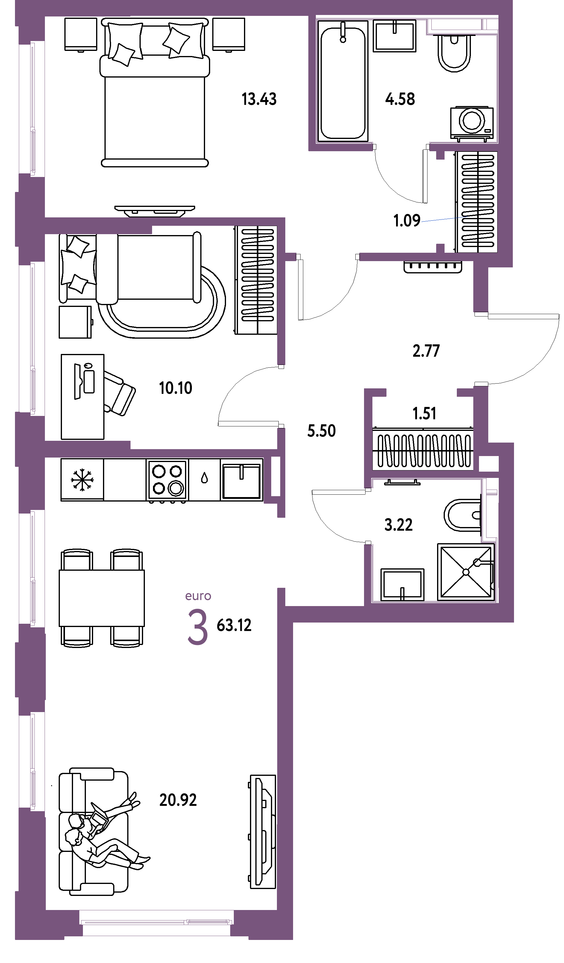 ЖК "Сердце Сибири"-3-комнатная 63.12 м²