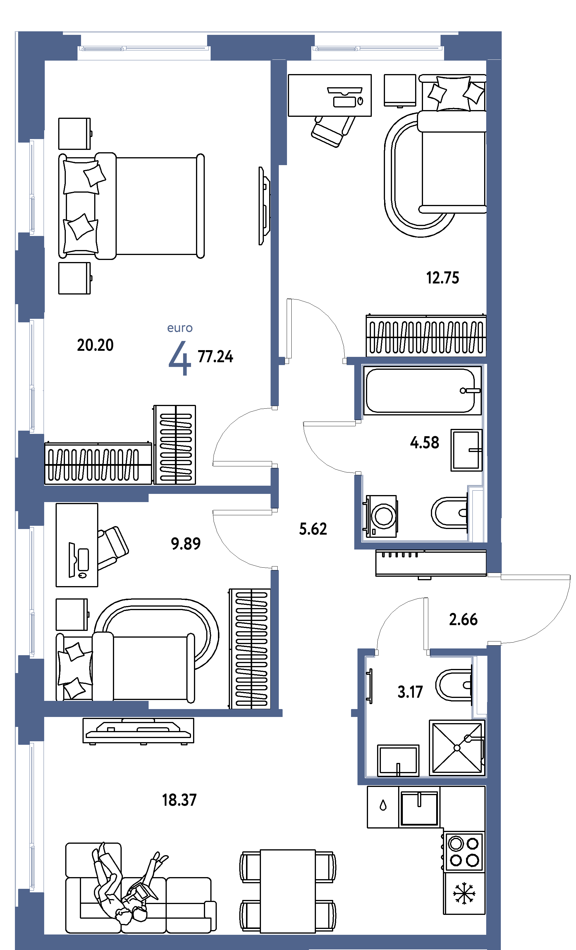ЖК "Сердце Сибири"-4-комнатная 77.24 м²