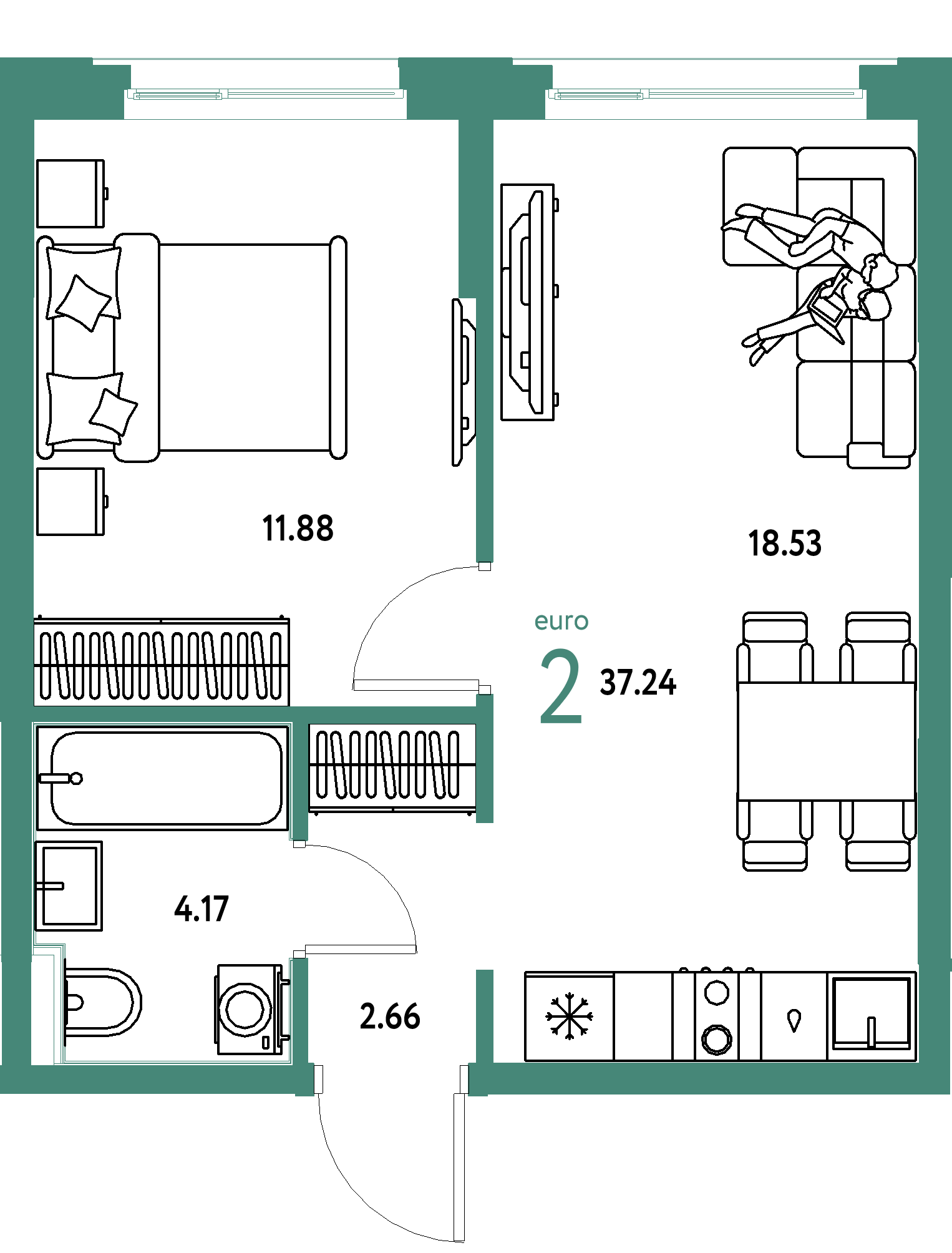 ЖК "Сердце Сибири"-2-комнатная 37.24 м²