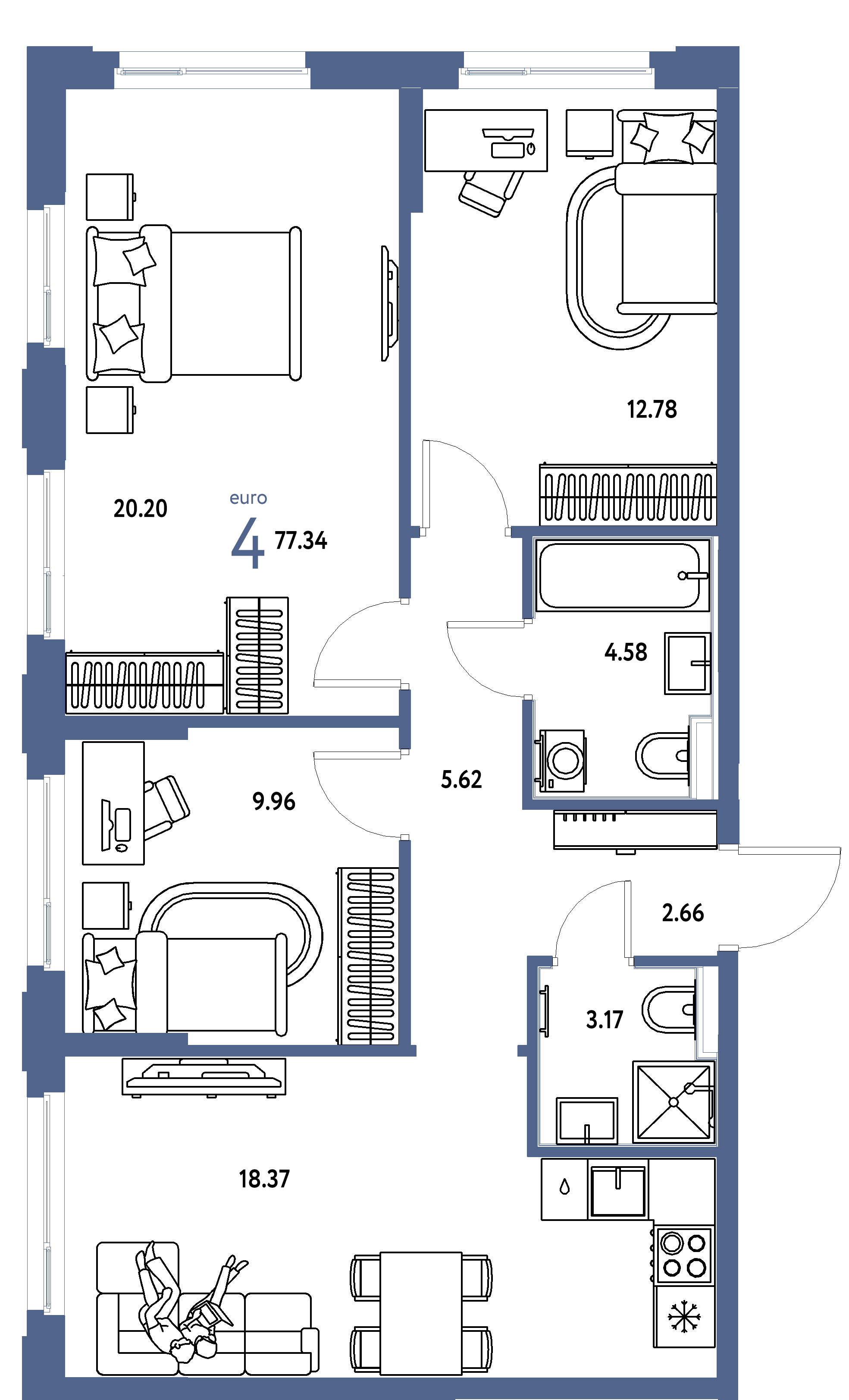 ЖК "Сердце Сибири"-4-комнатная 77.34 м²