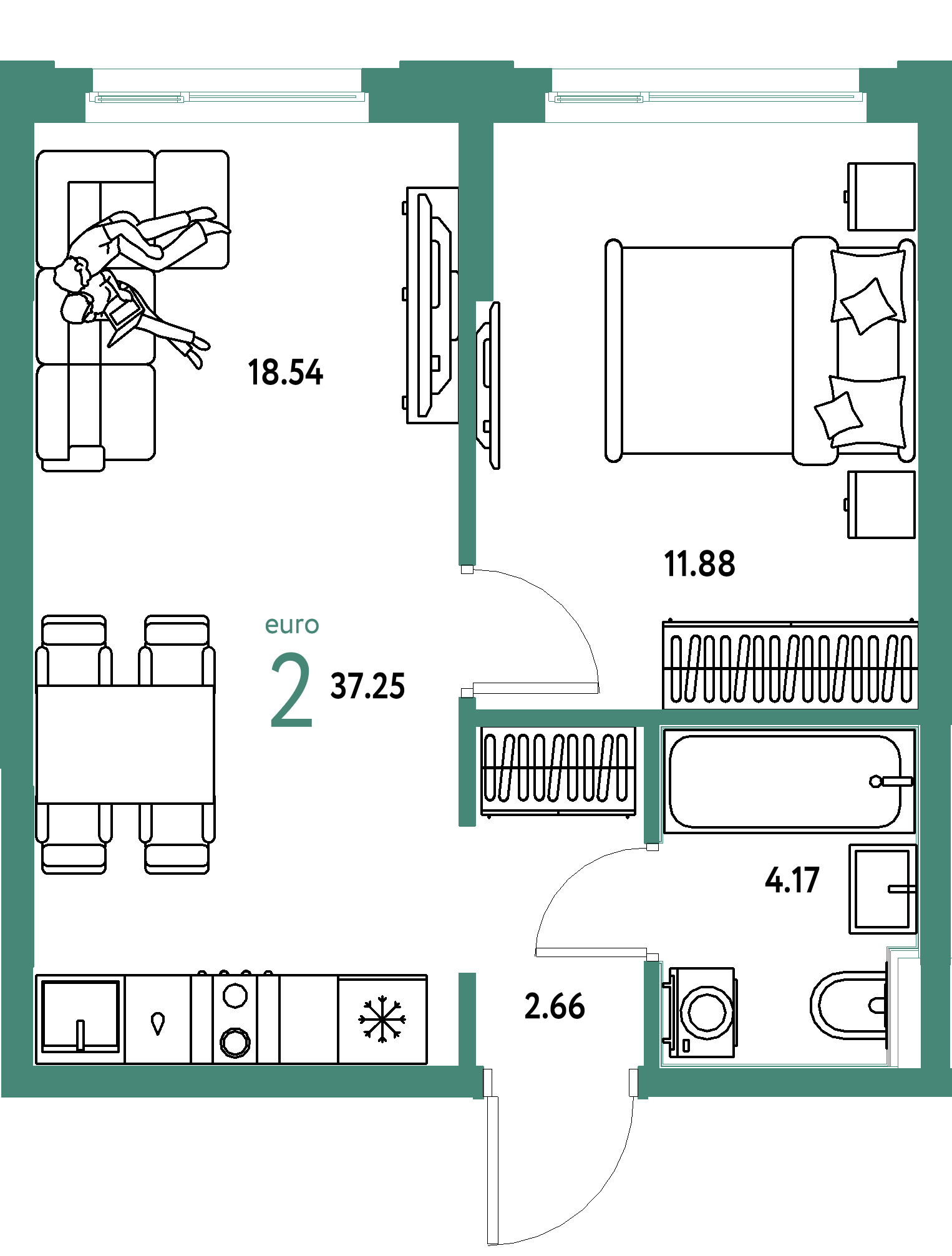 ЖК "Сердце Сибири"-2-комнатная 37.25 м²