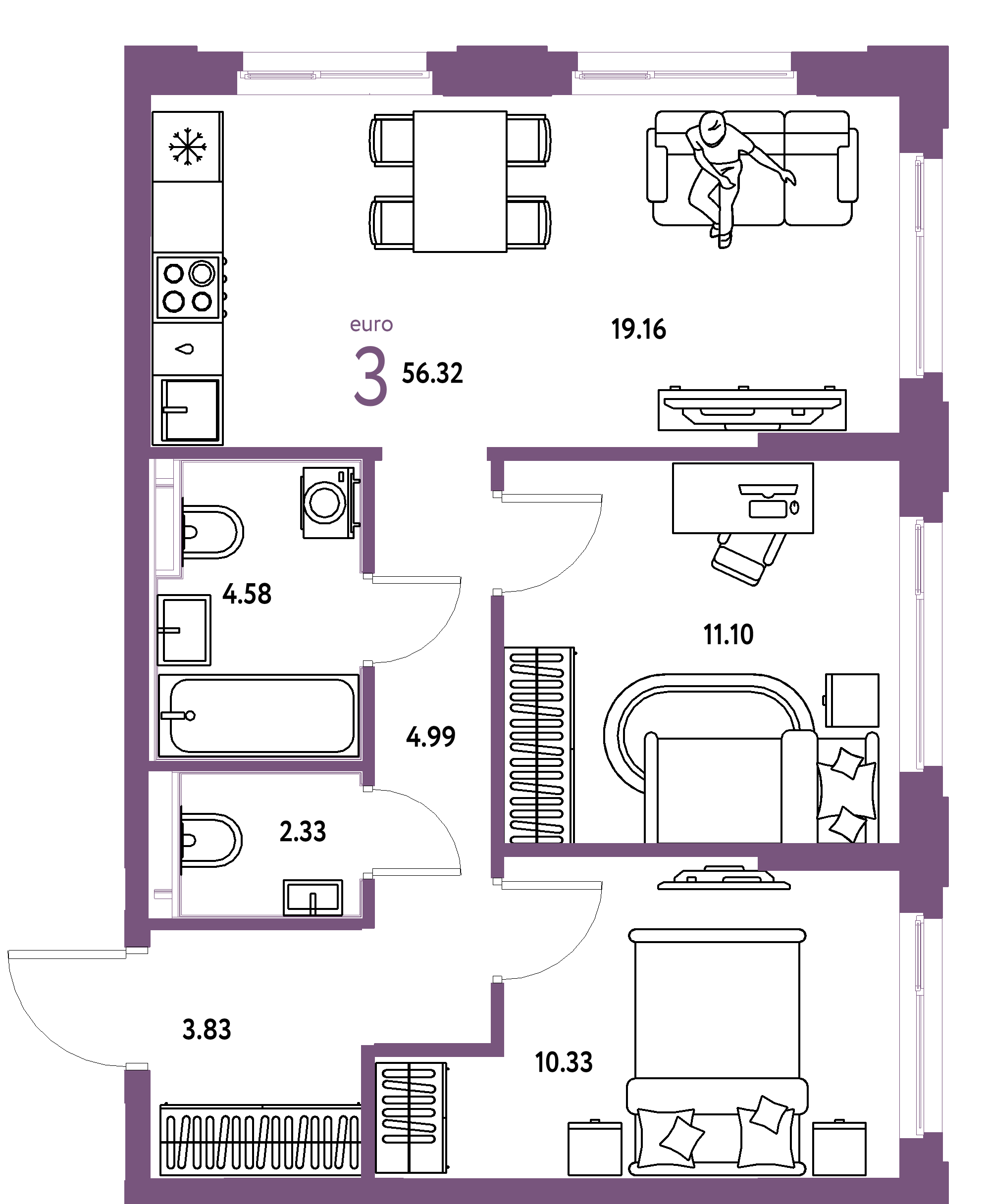ЖК "Сердце Сибири"-3-комнатная 56.32 м²