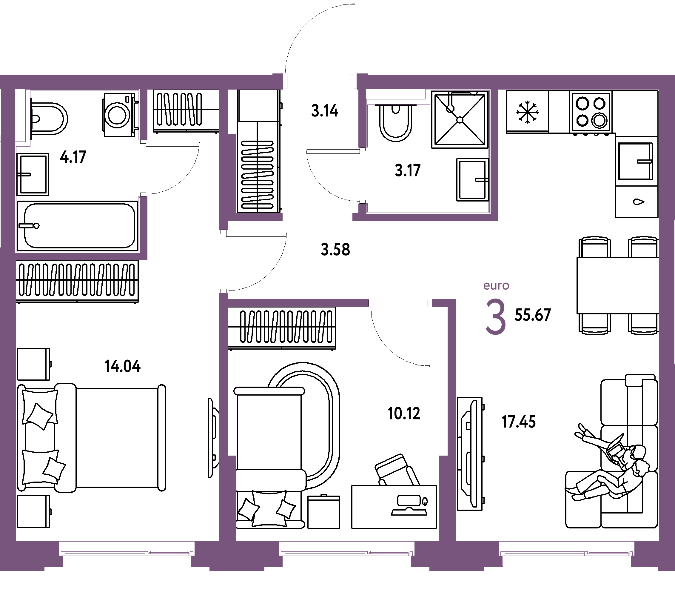 ЖК "Сердце Сибири"-3-комнатная 55.67 м²