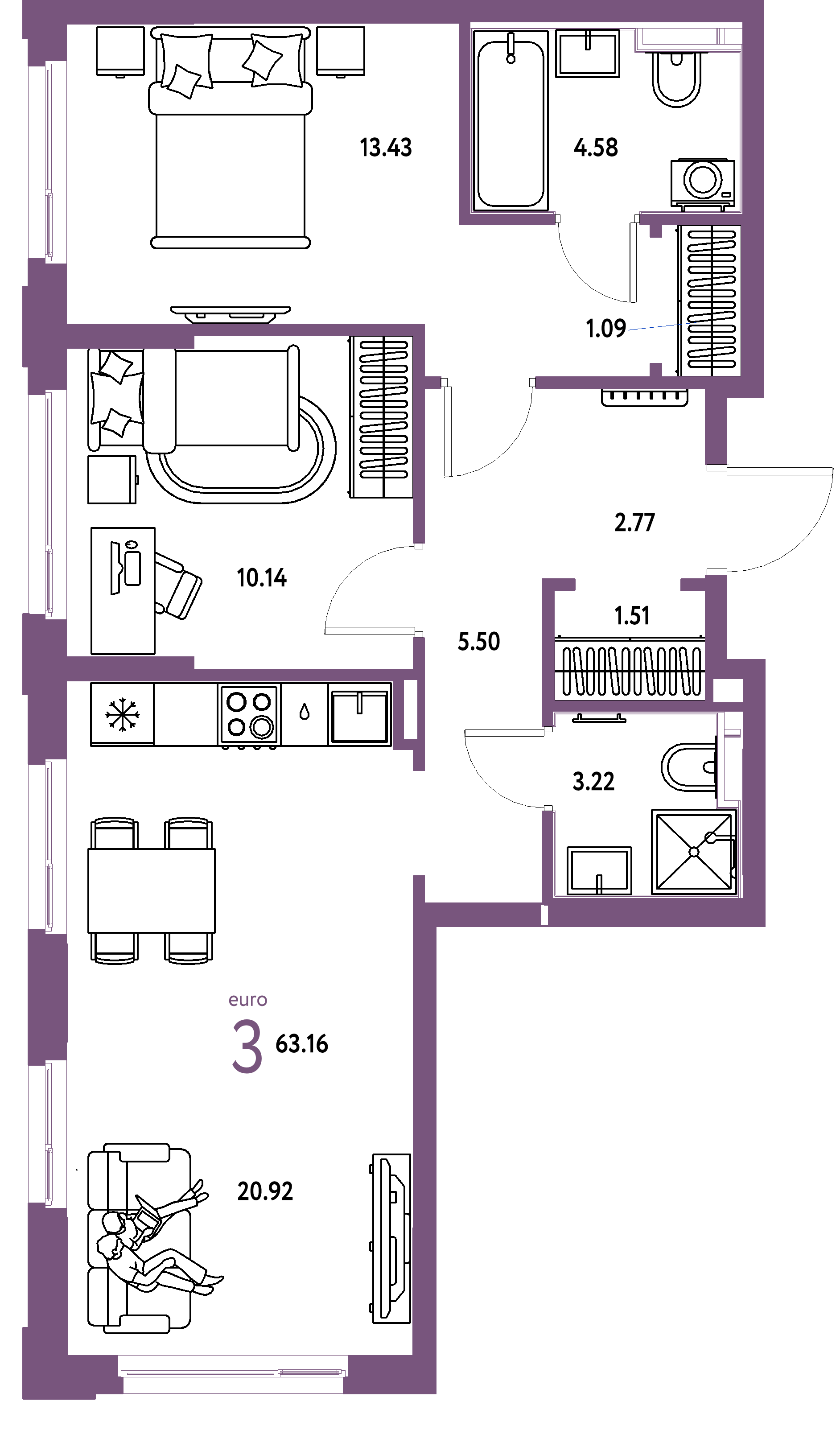 ЖК "Сердце Сибири"-3-комнатная 63.16 м²