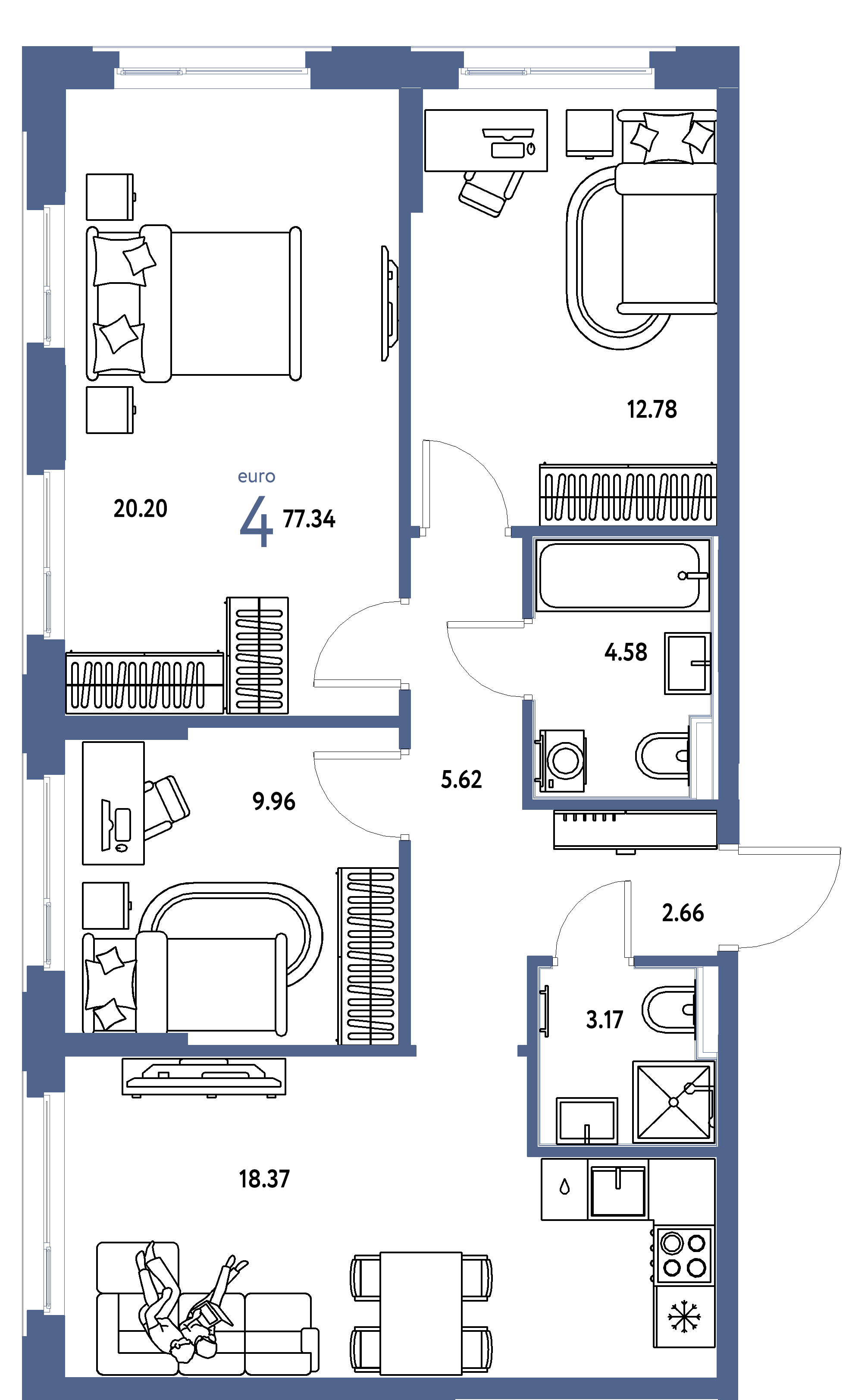 ЖК "Сердце Сибири"-4-комнатная 77.34 м²