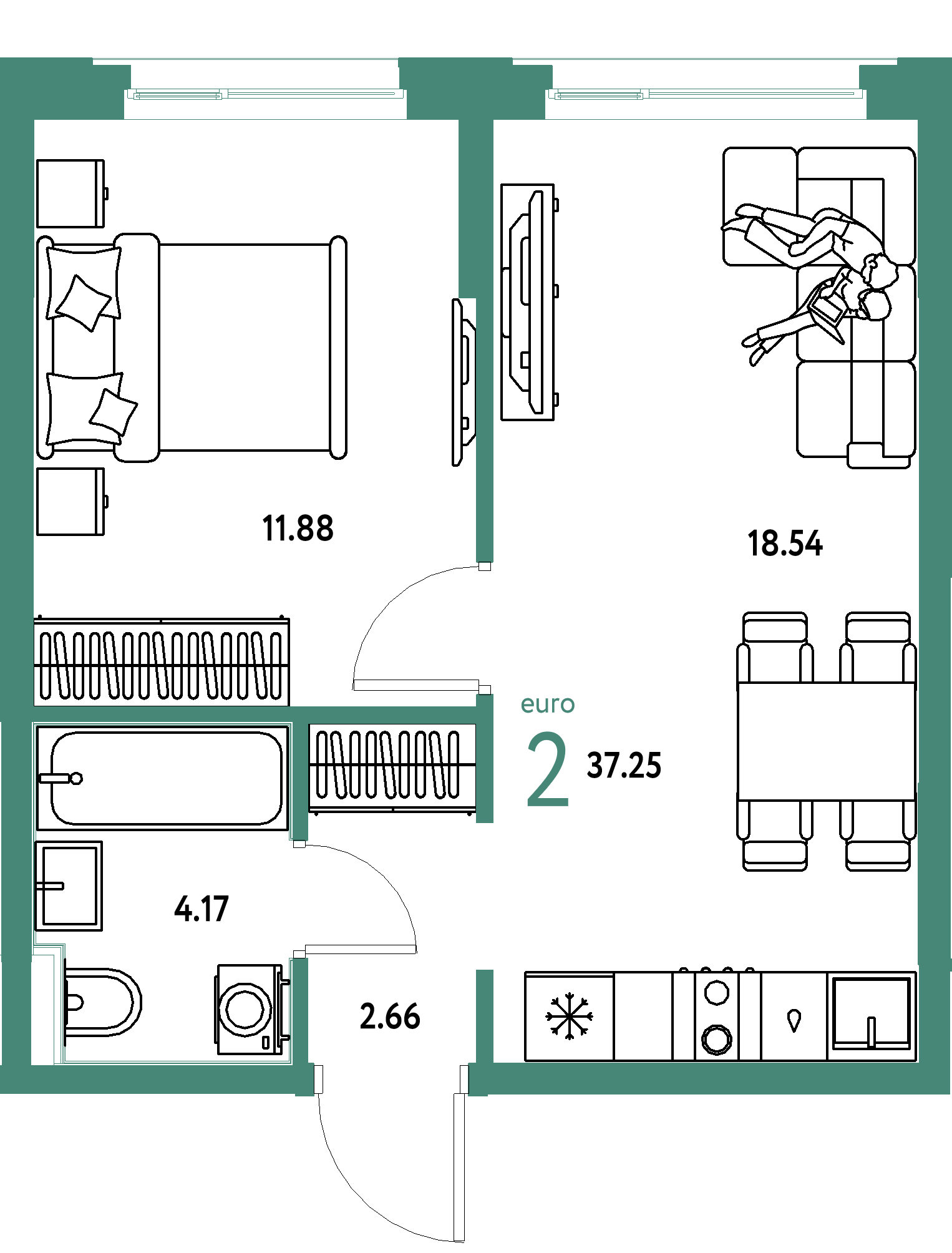 ЖК "Сердце Сибири"-2-комнатная 37.25 м²