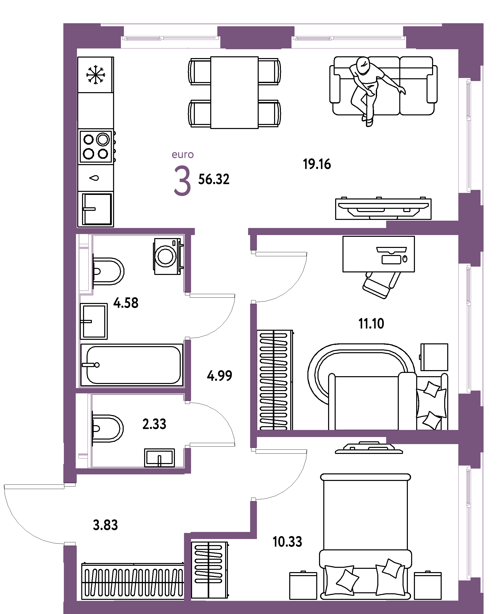 ЖК "Сердце Сибири"-3-комнатная 56.32 м²