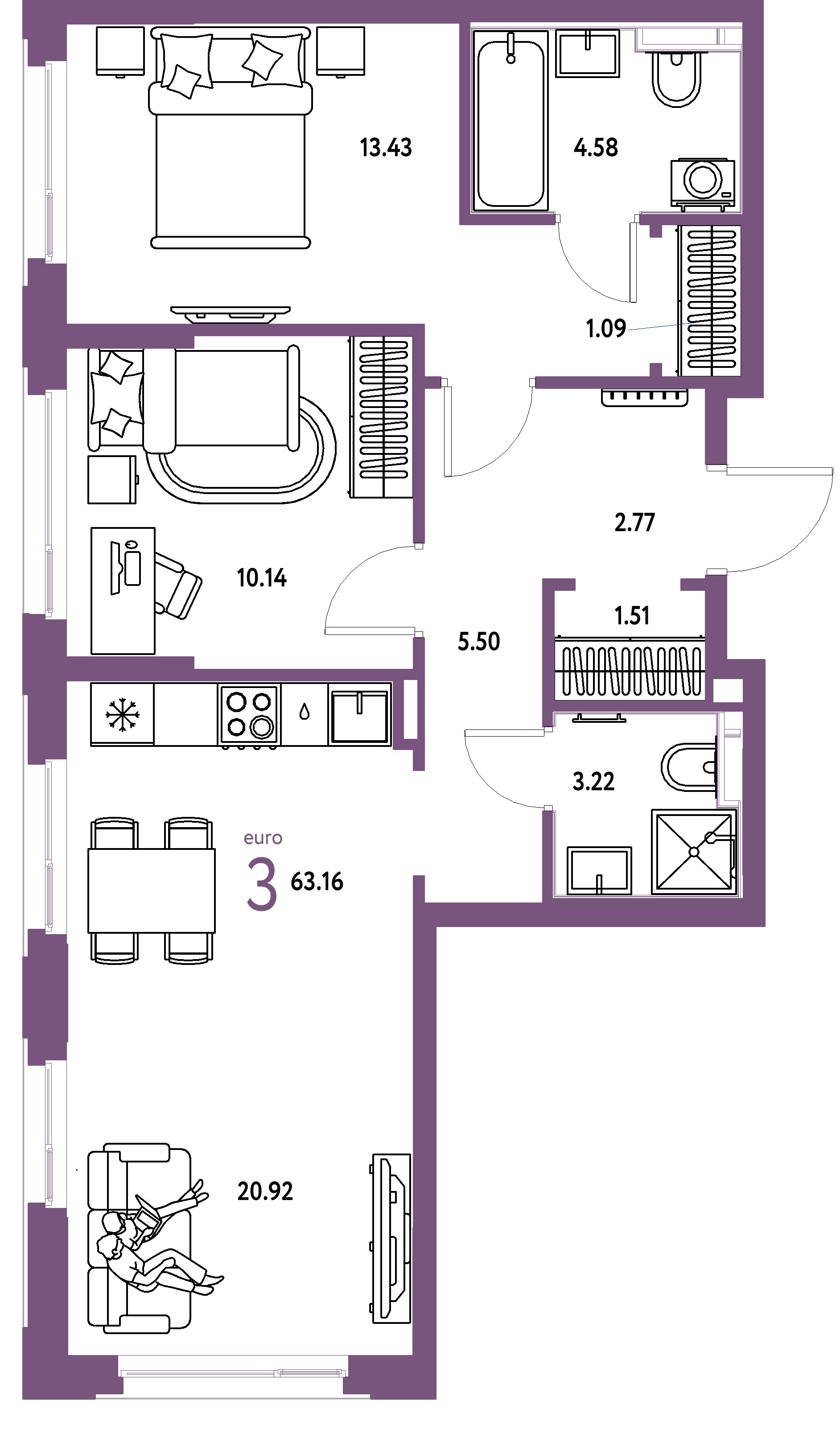 ЖК "Сердце Сибири"-3-комнатная 63.16 м²