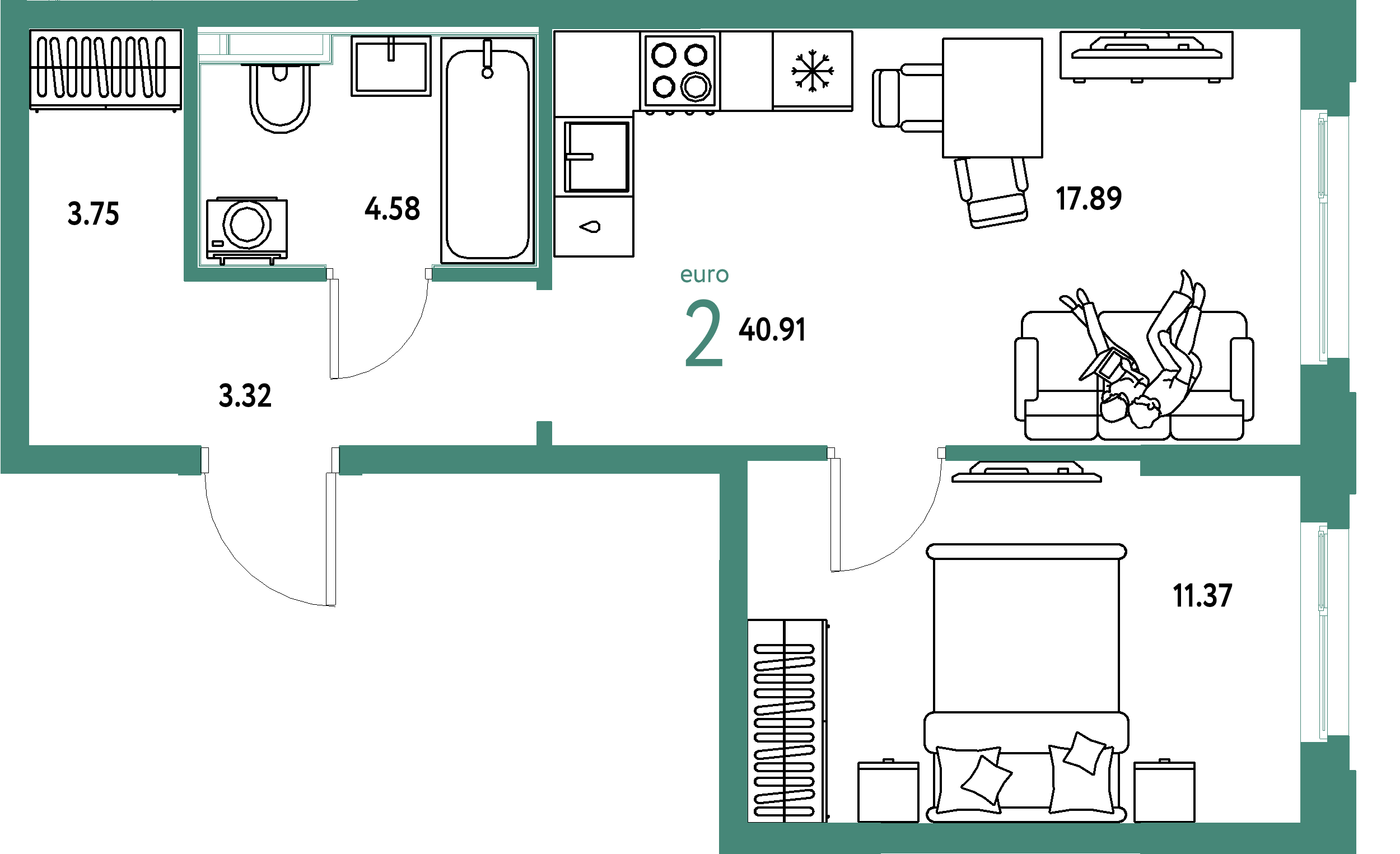 ЖК "Сердце Сибири"-2-комнатная 40.91 м²