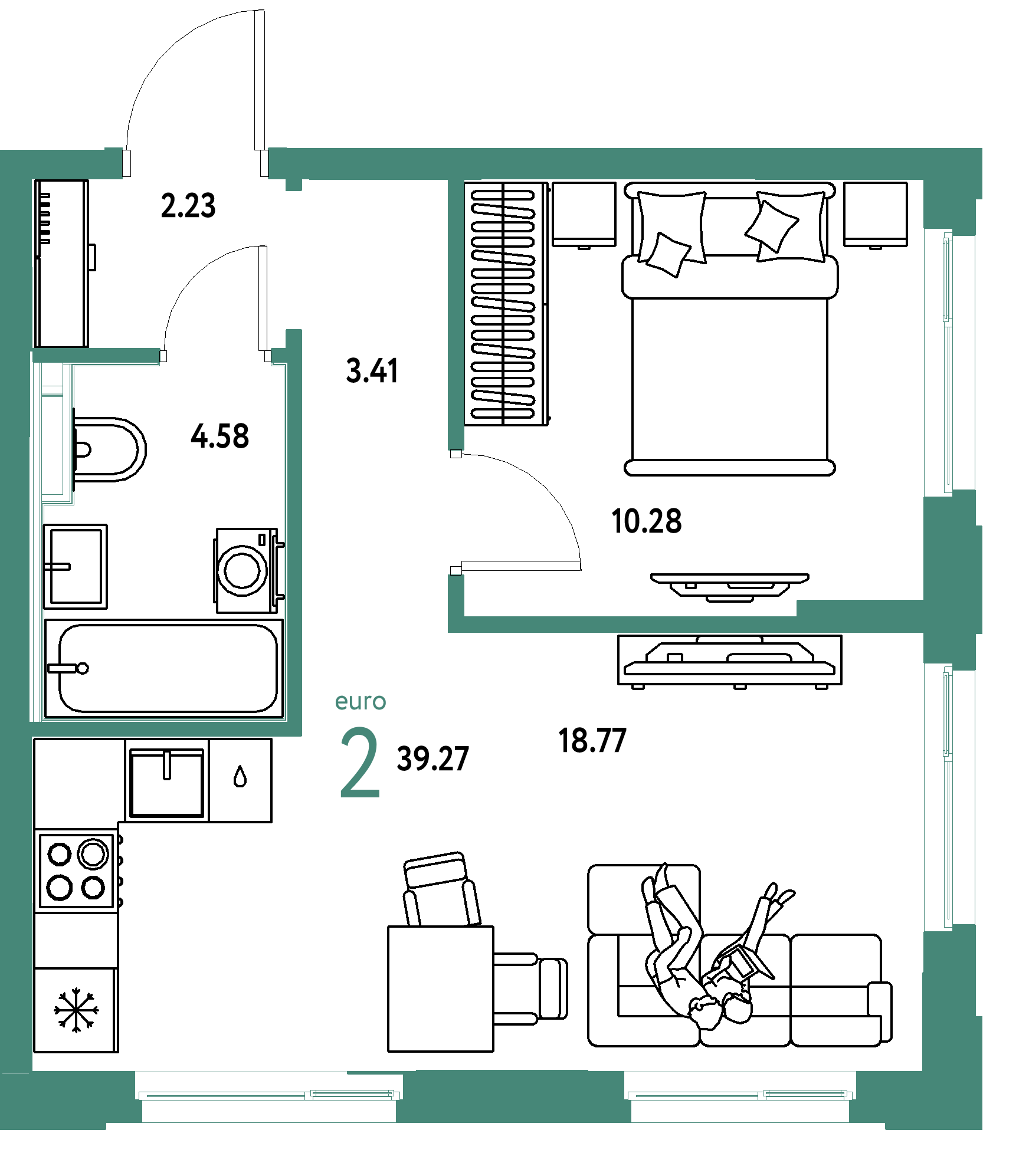 ЖК "Сердце Сибири"-2-комнатная 39.27 м²