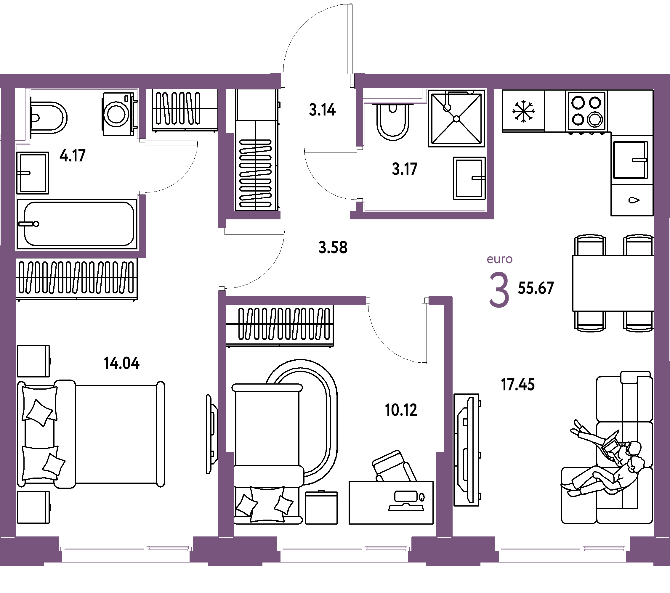 ЖК "Сердце Сибири"-3-комнатная 55.67 м²