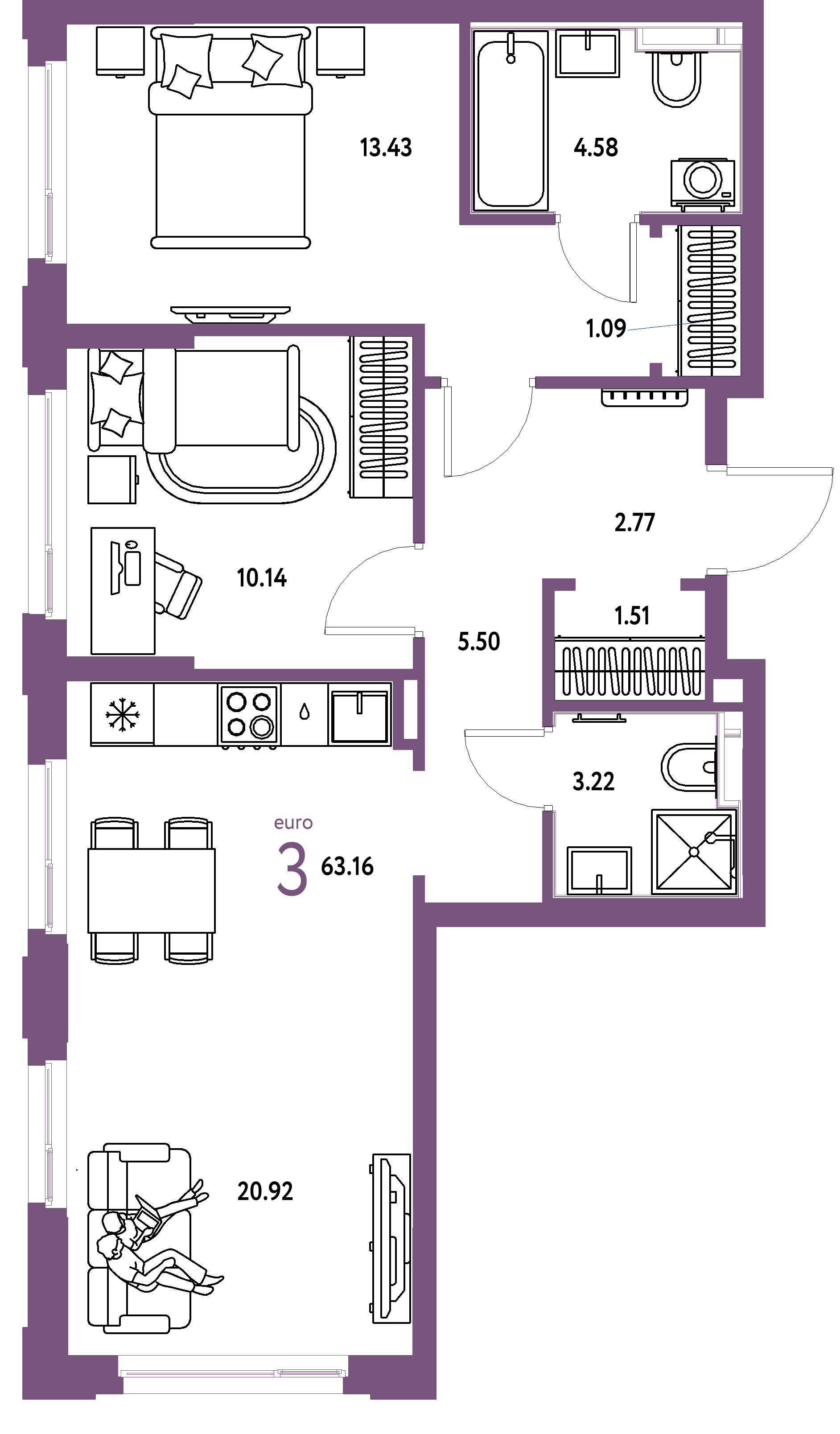 ЖК "Сердце Сибири"-3-комнатная 63.16 м²