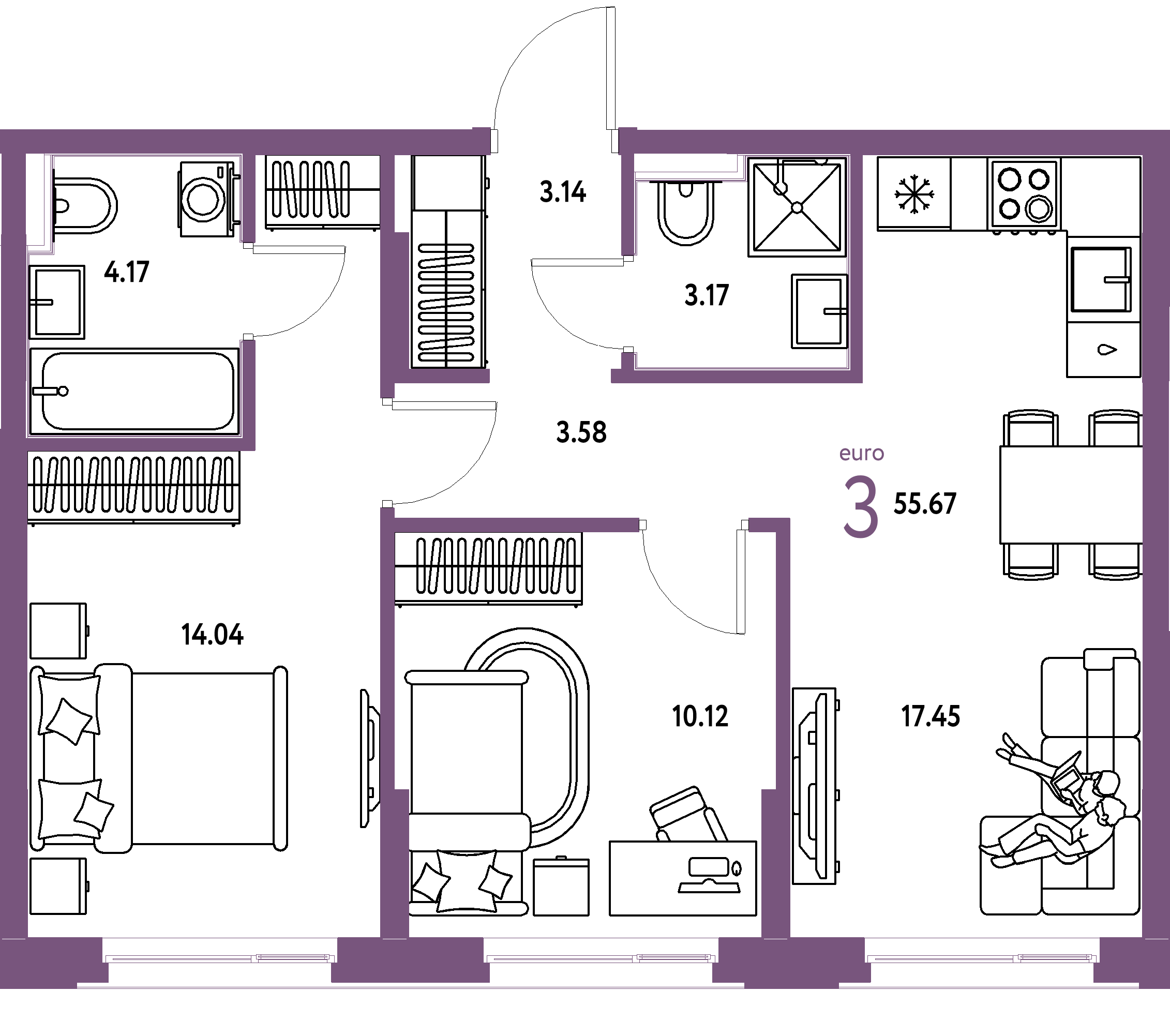 ЖК "Сердце Сибири"-3-комнатная 55.67 м²