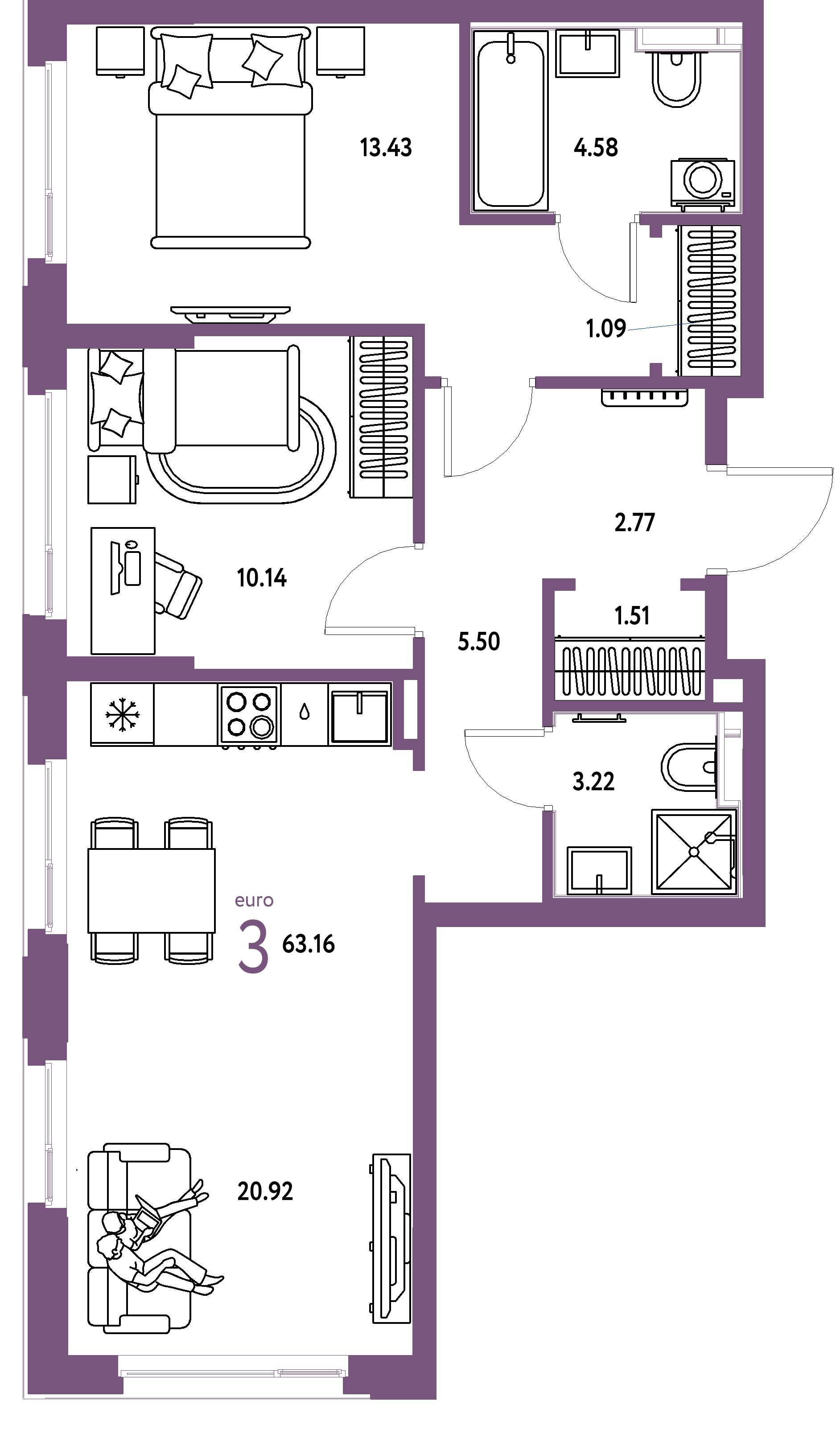ЖК "Сердце Сибири"-3-комнатная 63.16 м²