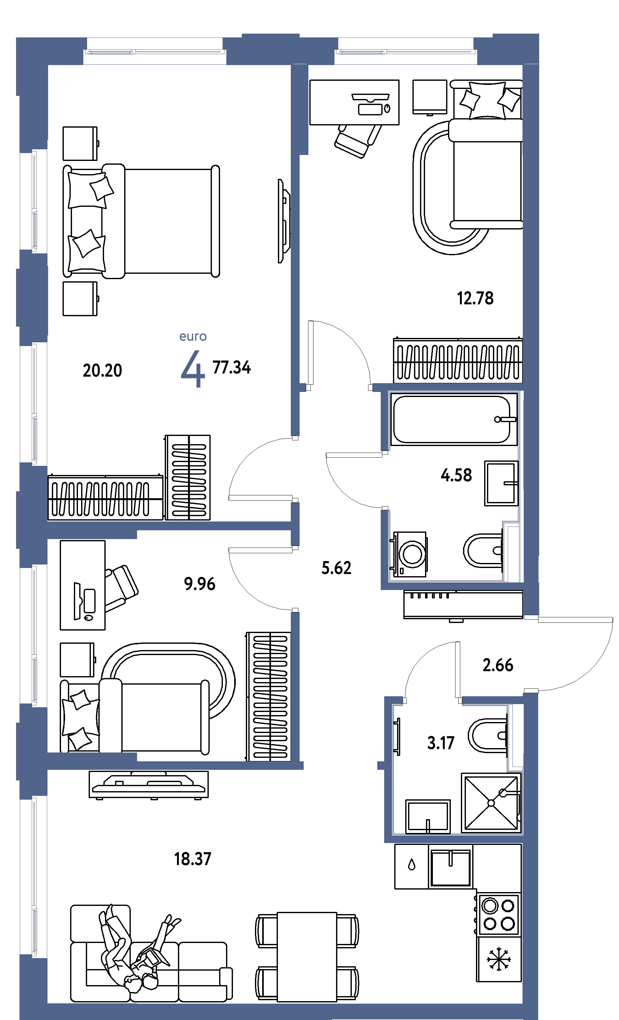 ЖК "Сердце Сибири"-4-комнатная 77.34 м²