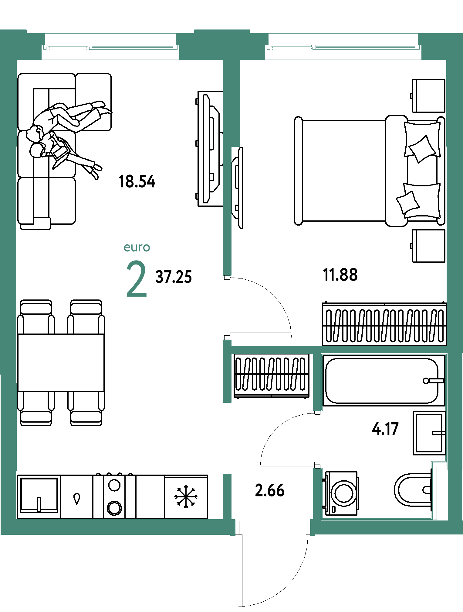 ЖК "Сердце Сибири"-2-комнатная 37.25 м²