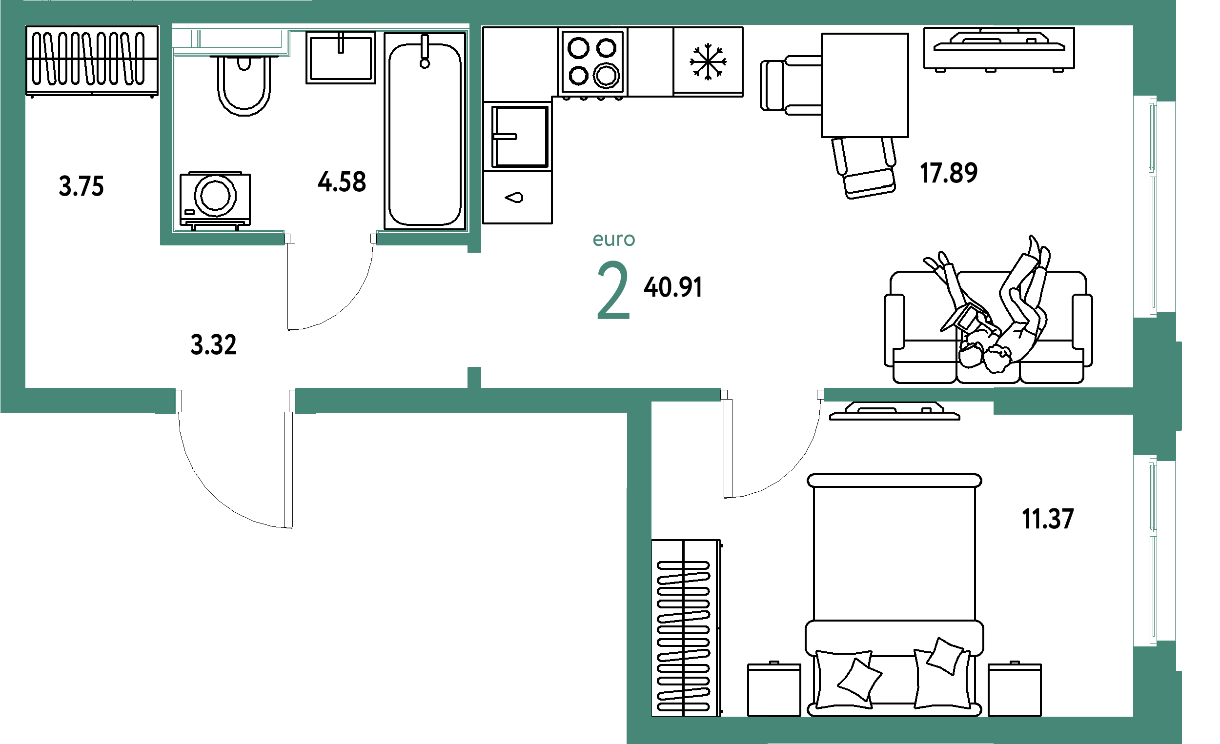 ЖК "Сердце Сибири"-2-комнатная 40.91 м²