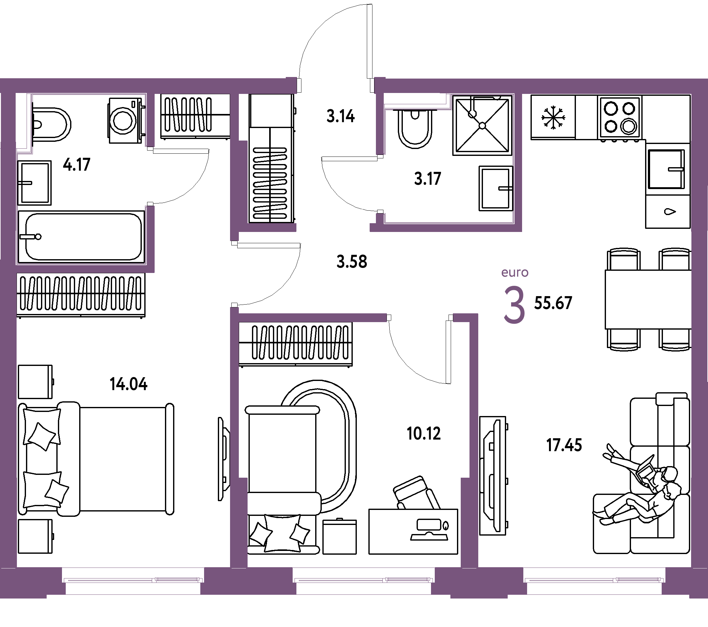 ЖК "Сердце Сибири"-3-комнатная 55.67 м²