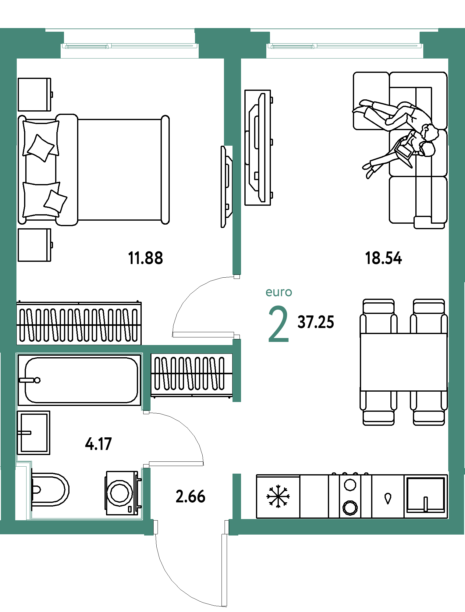 ЖК "Сердце Сибири"-2-комнатная 37.25 м²