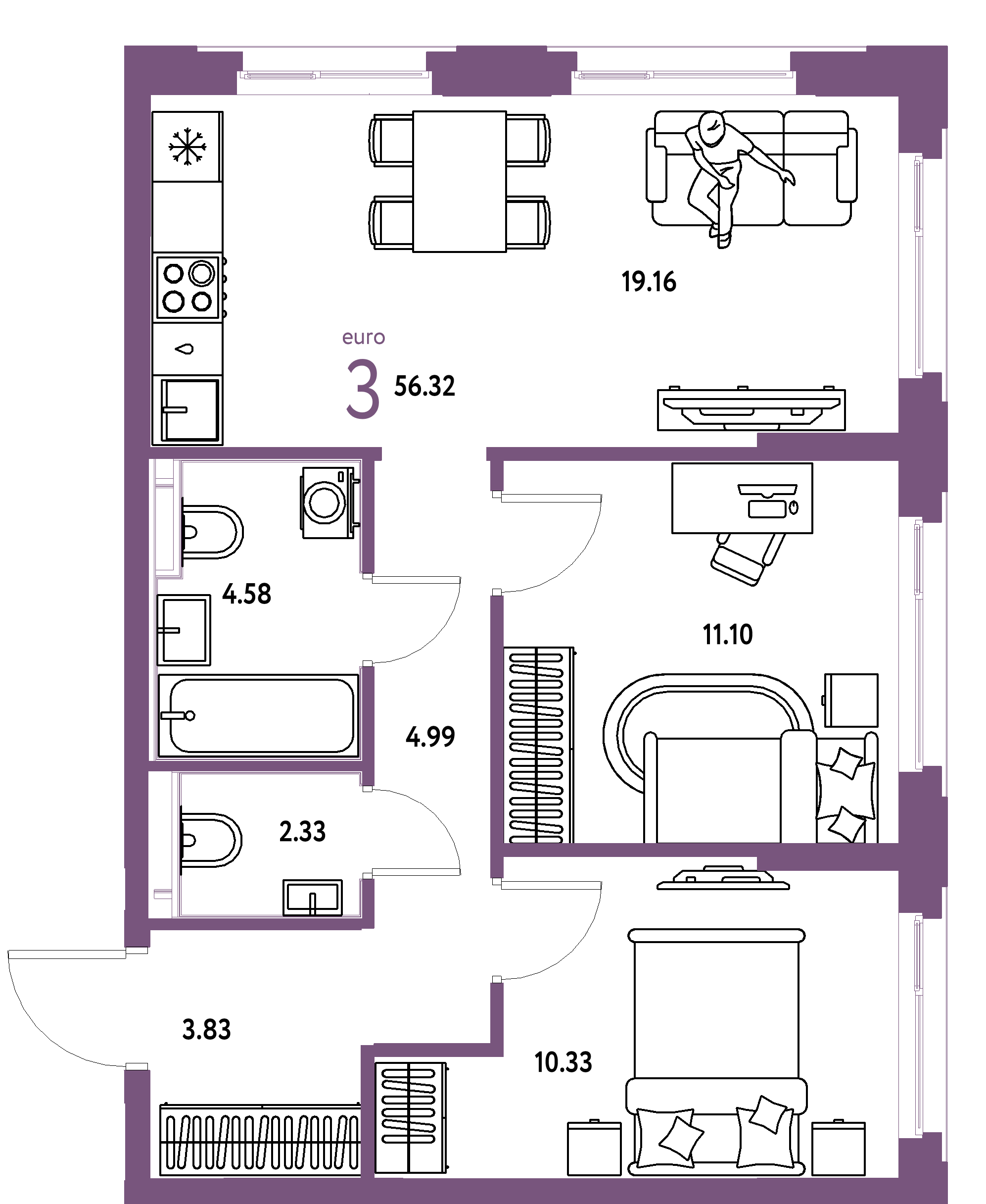 ЖК "Сердце Сибири"-3-комнатная 56.32 м²