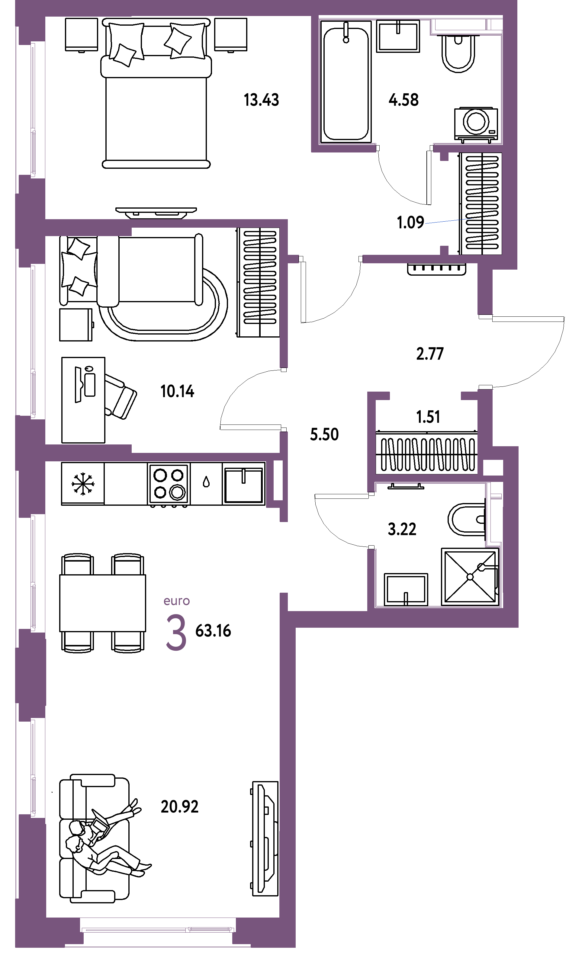 ЖК "Сердце Сибири"-3-комнатная 63.16 м²