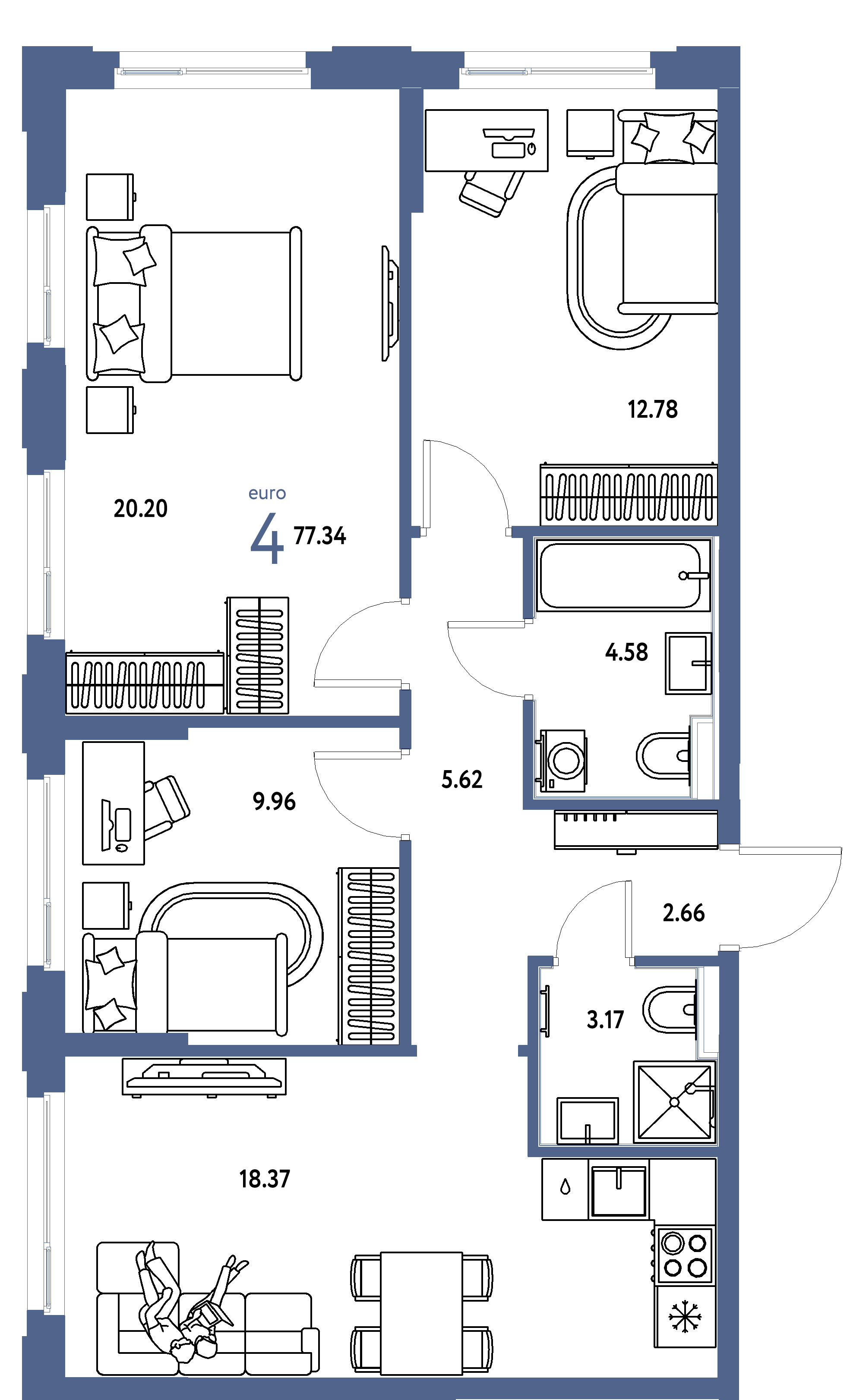 ЖК "Сердце Сибири"-4-комнатная 77.34 м²