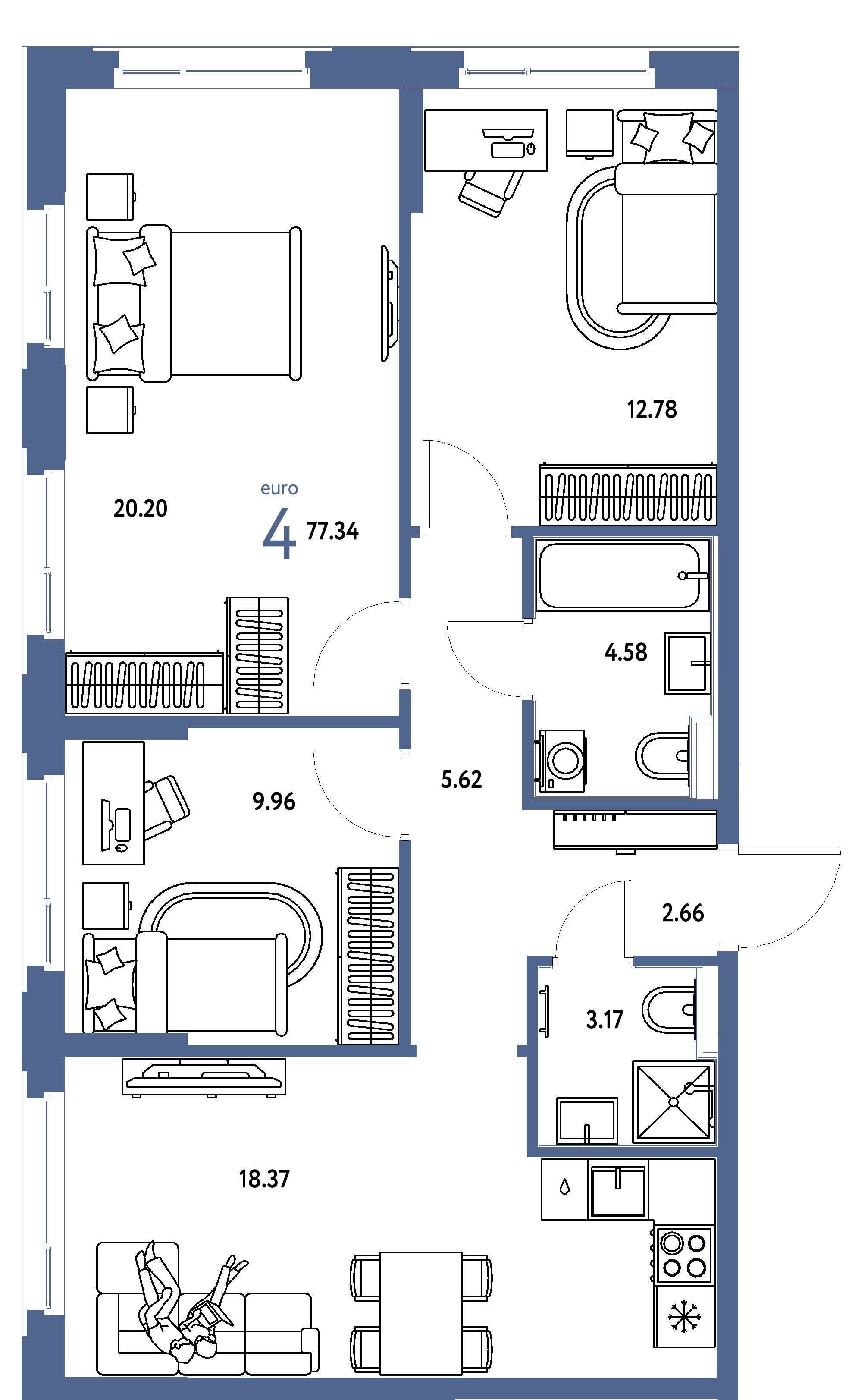 ЖК "Сердце Сибири"-4-комнатная 77.34 м²
