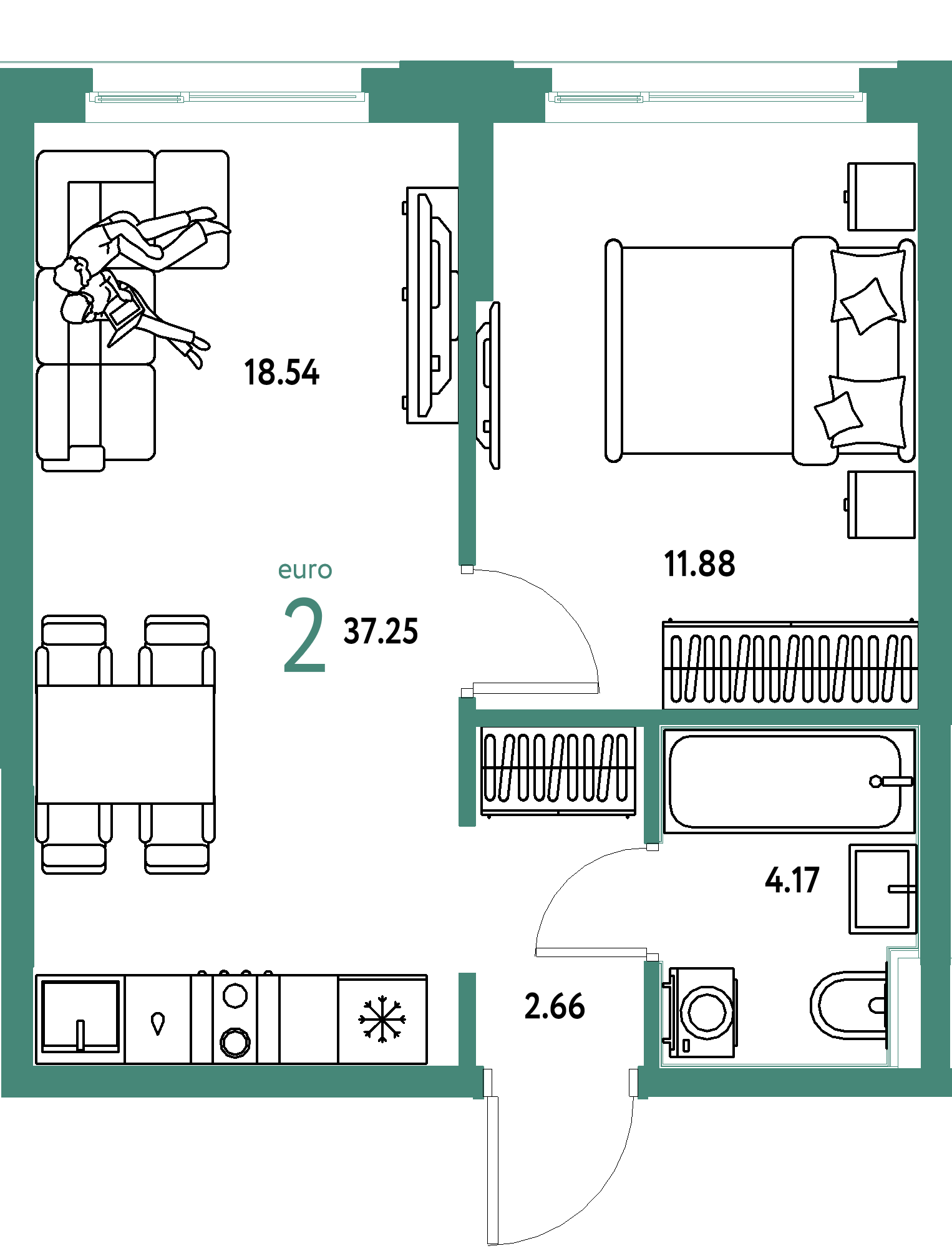 ЖК "Сердце Сибири"-2-комнатная 37.25 м²
