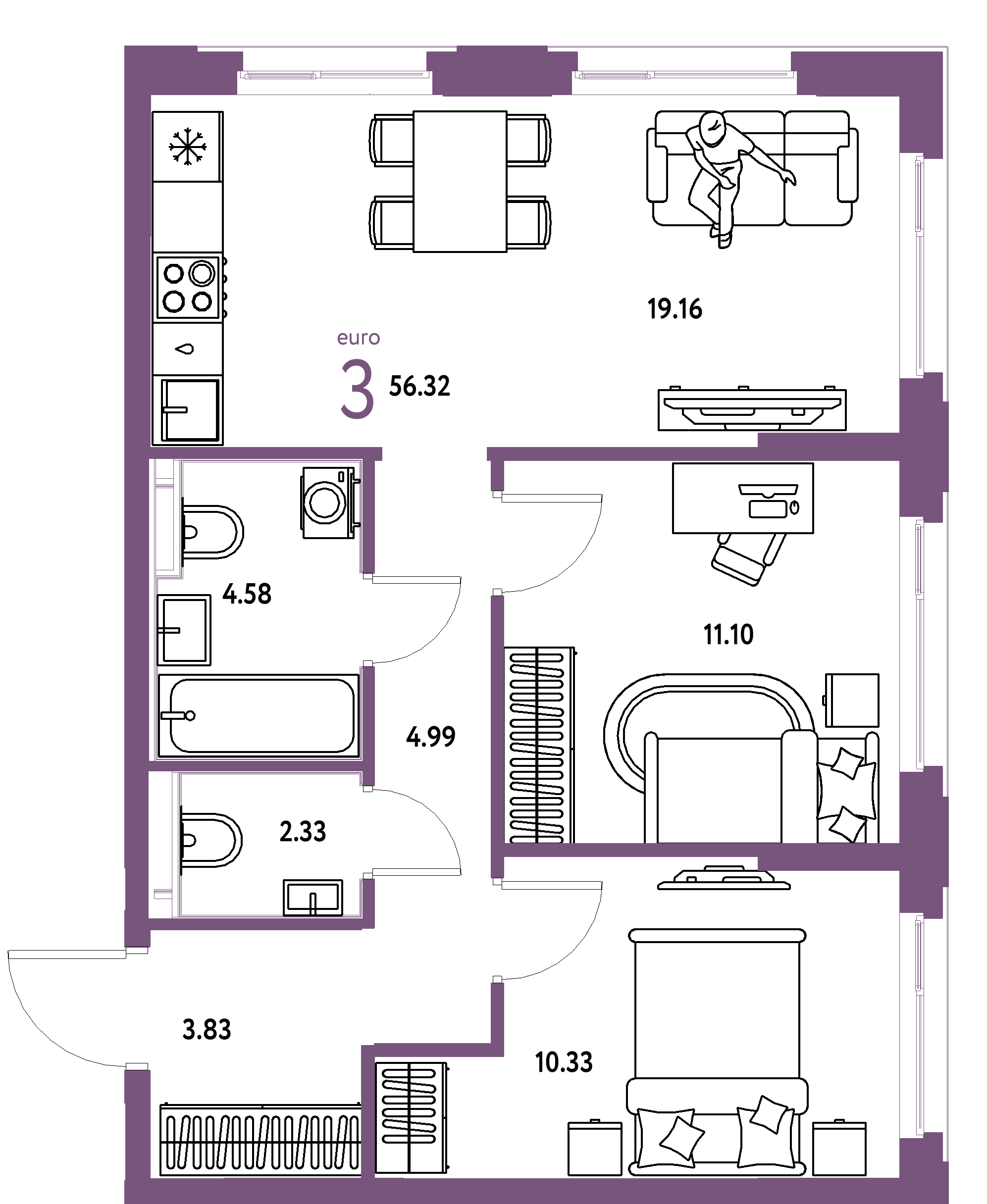 ЖК "Сердце Сибири"-3-комнатная 56.32 м²