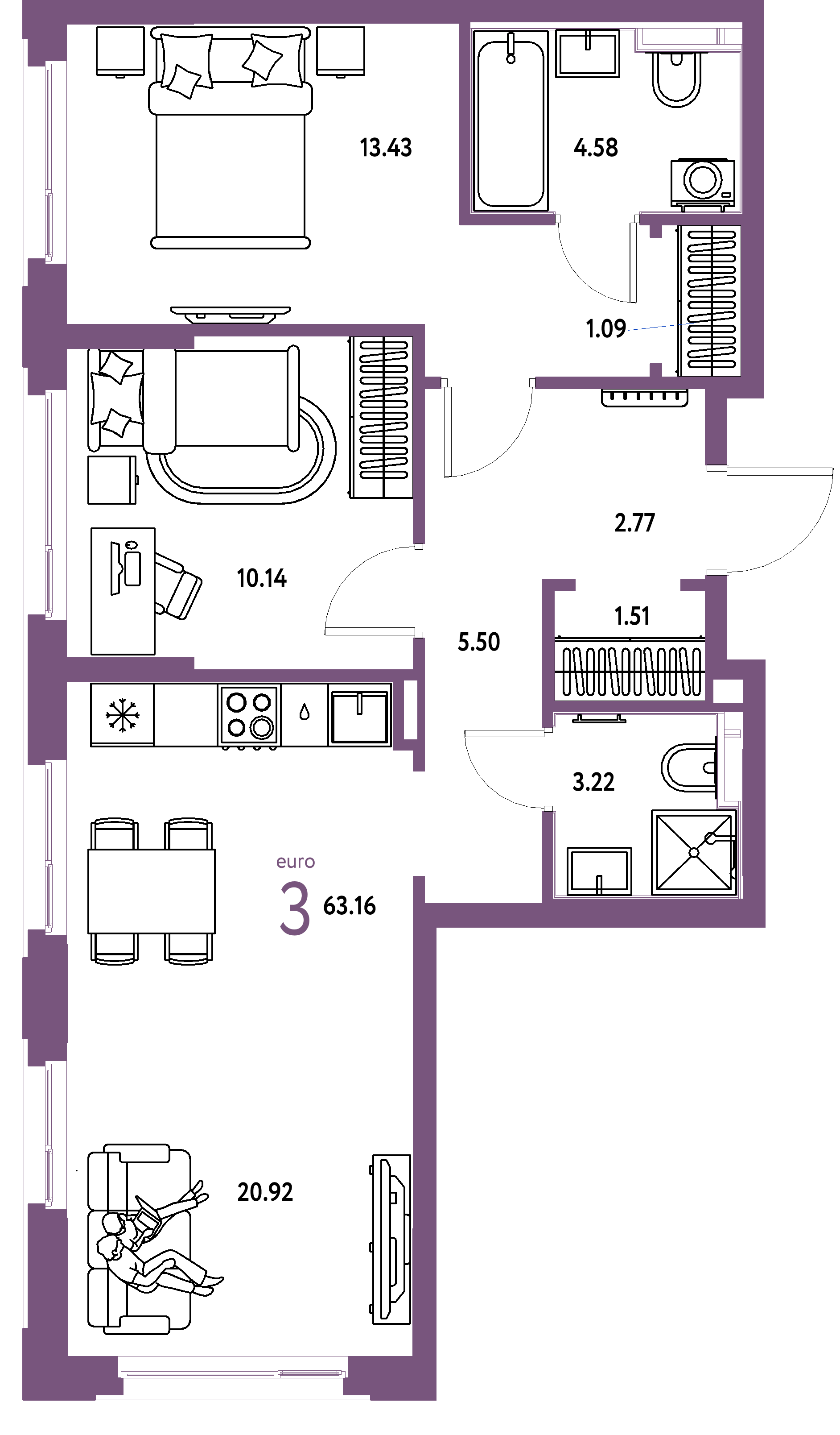 ЖК "Сердце Сибири"-3-комнатная 63.16 м²