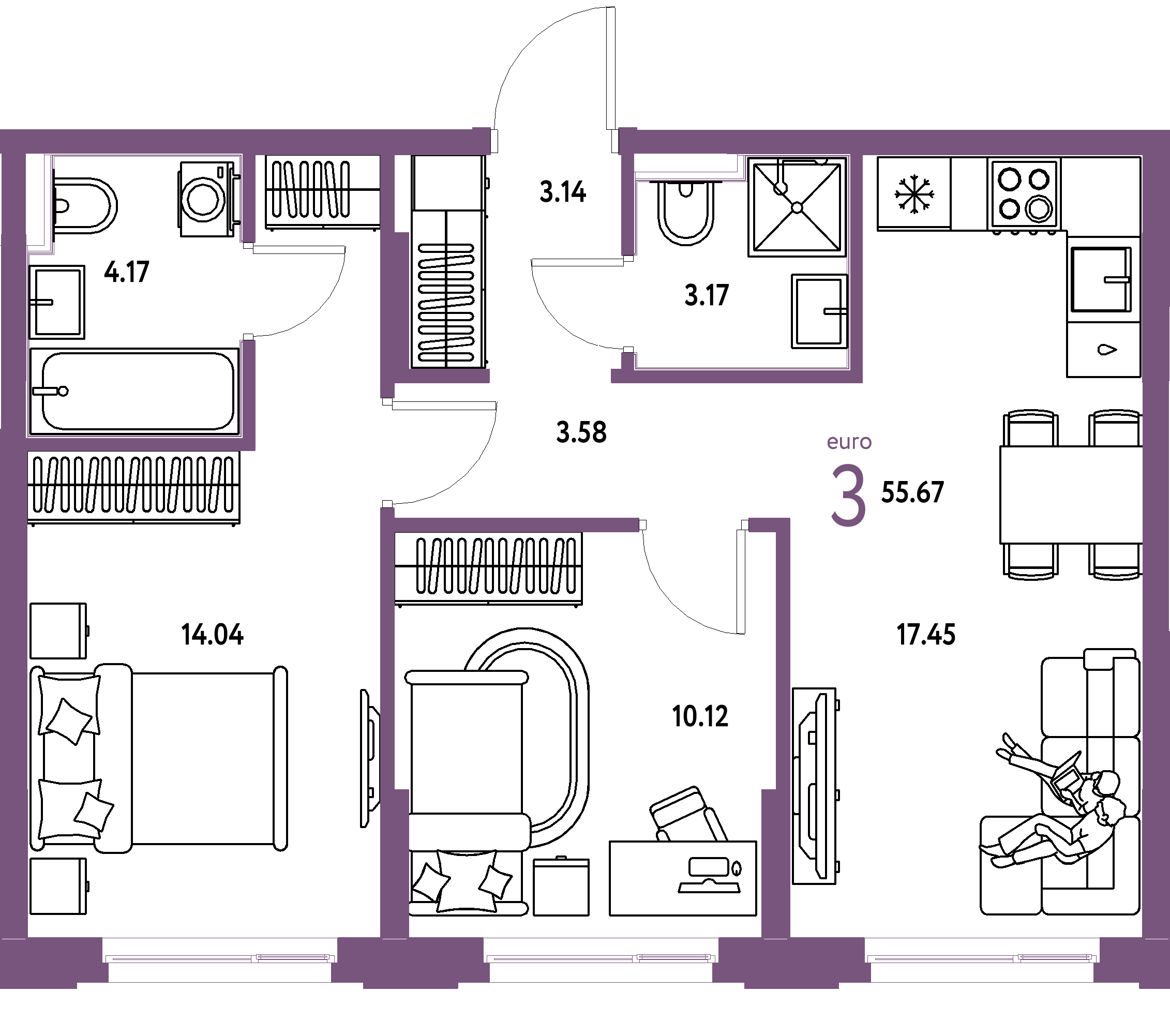 ЖК "Сердце Сибири"-3-комнатная 55.67 м²
