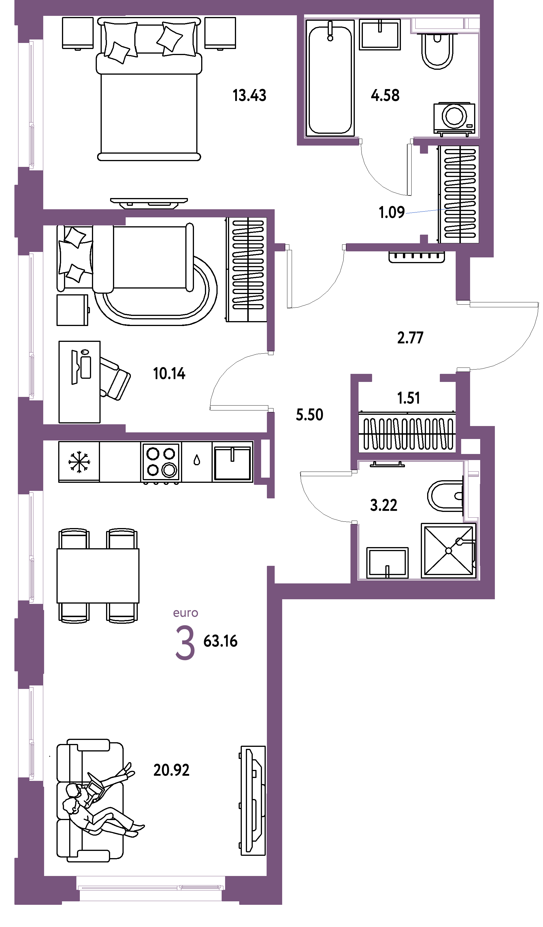 ЖК "Сердце Сибири"-3-комнатная 63.16 м²