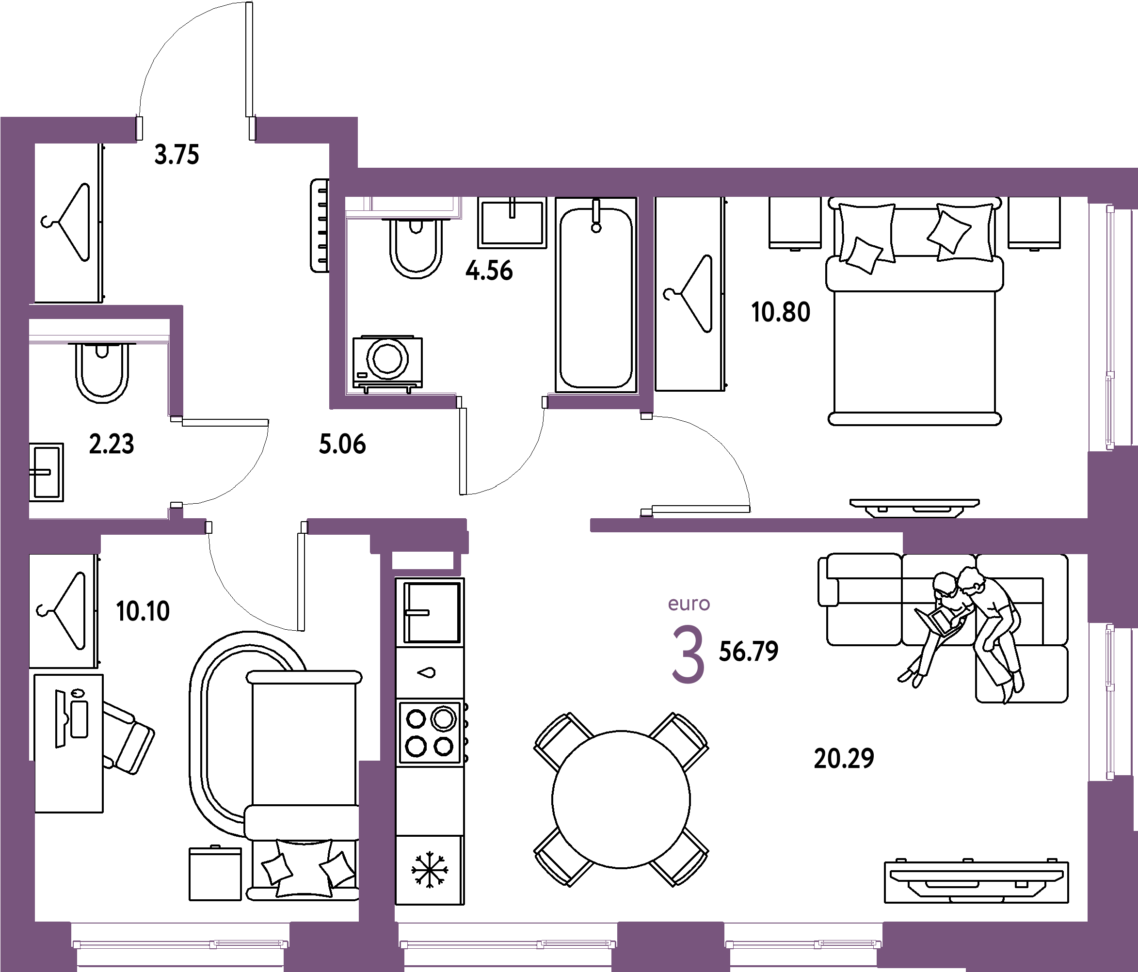 ЖК "Сибирский сад"-3-комнатная 56.79 м²