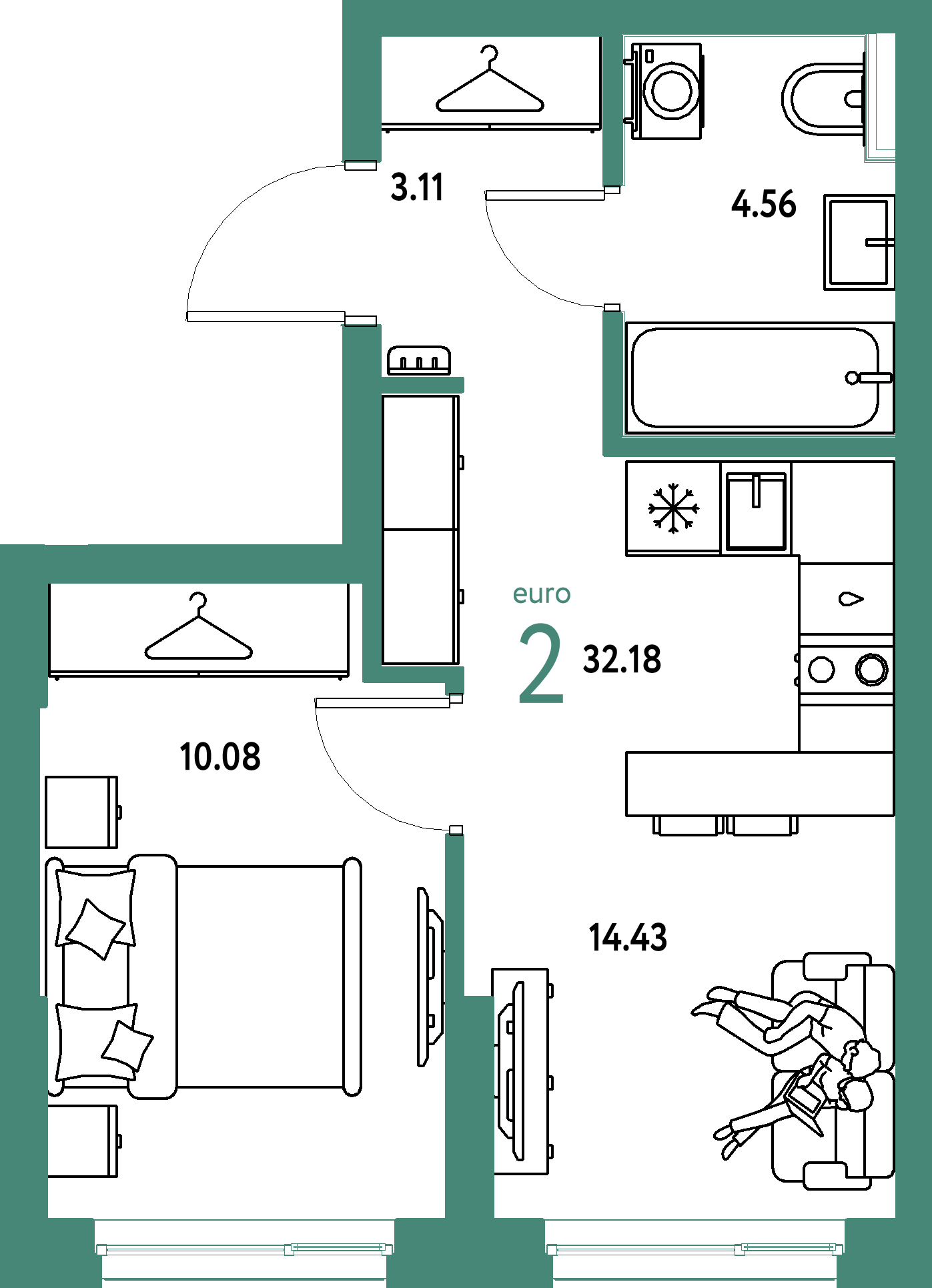 ЖК "Сибирский сад"-2-комнатная 32.18 м²