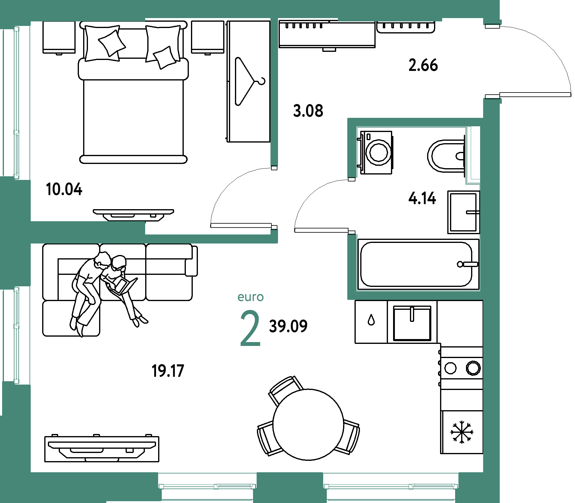 ЖК "Сибирский сад"-2-комнатная 39.09 м²