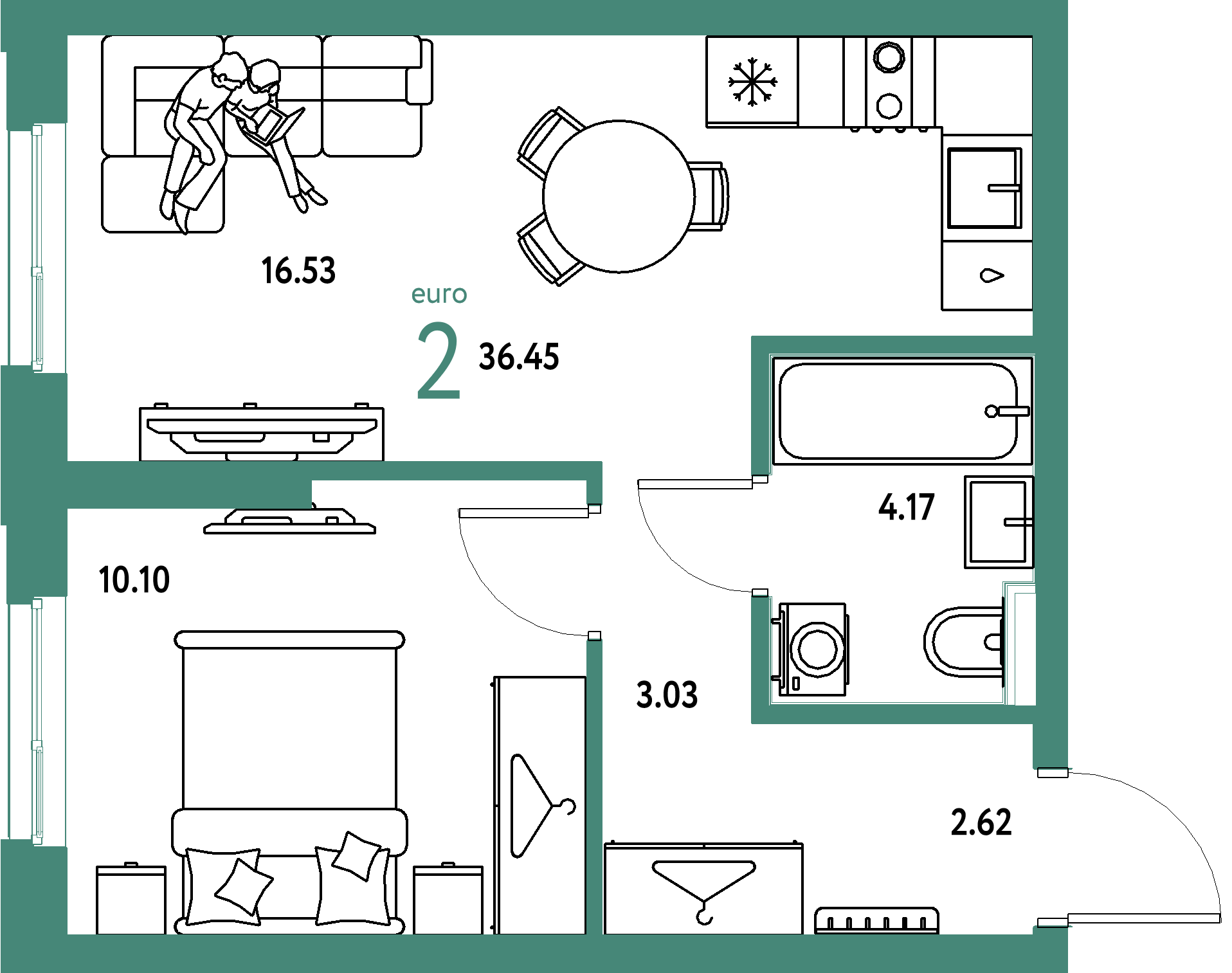 ЖК "Сибирский сад"-2-комнатная 36.45 м²