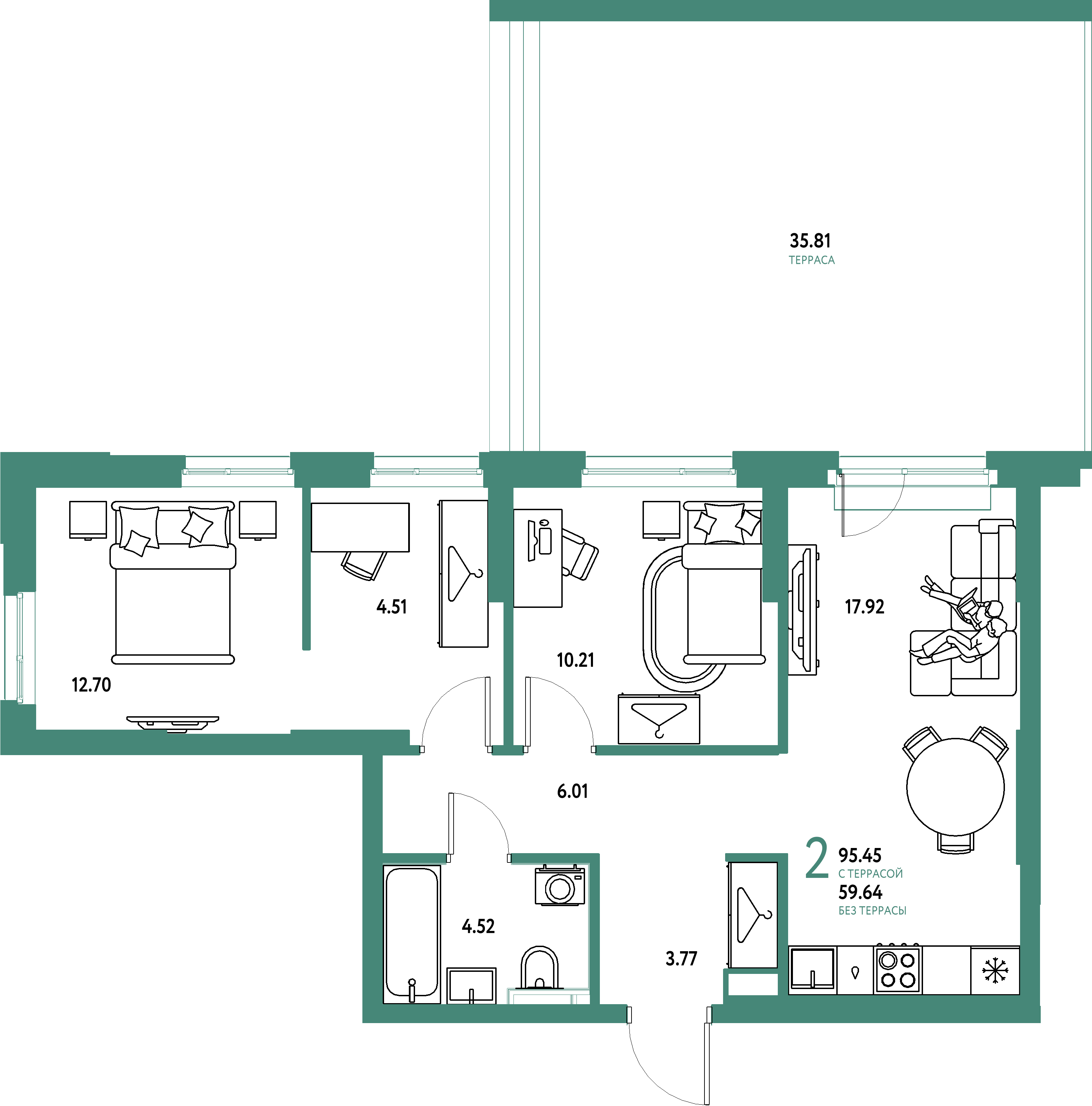 ЖК "Сибирский сад"-2-комнатная 95.45 м²