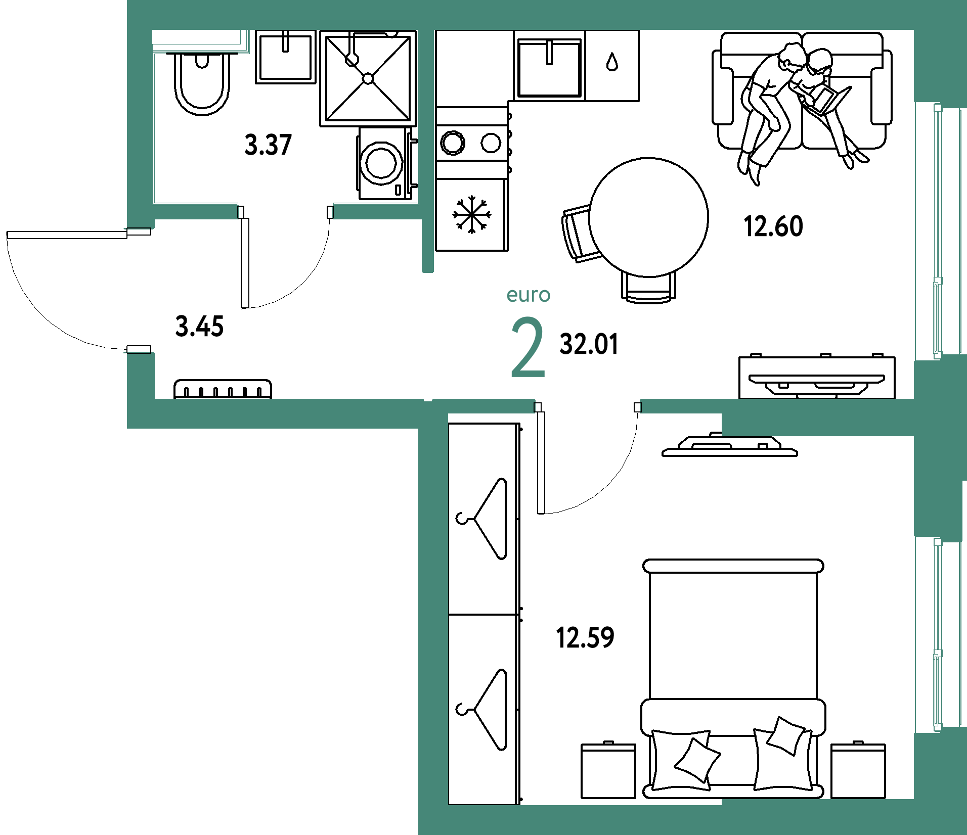 ЖК "Сибирский сад"-2-комнатная 32.01 м²