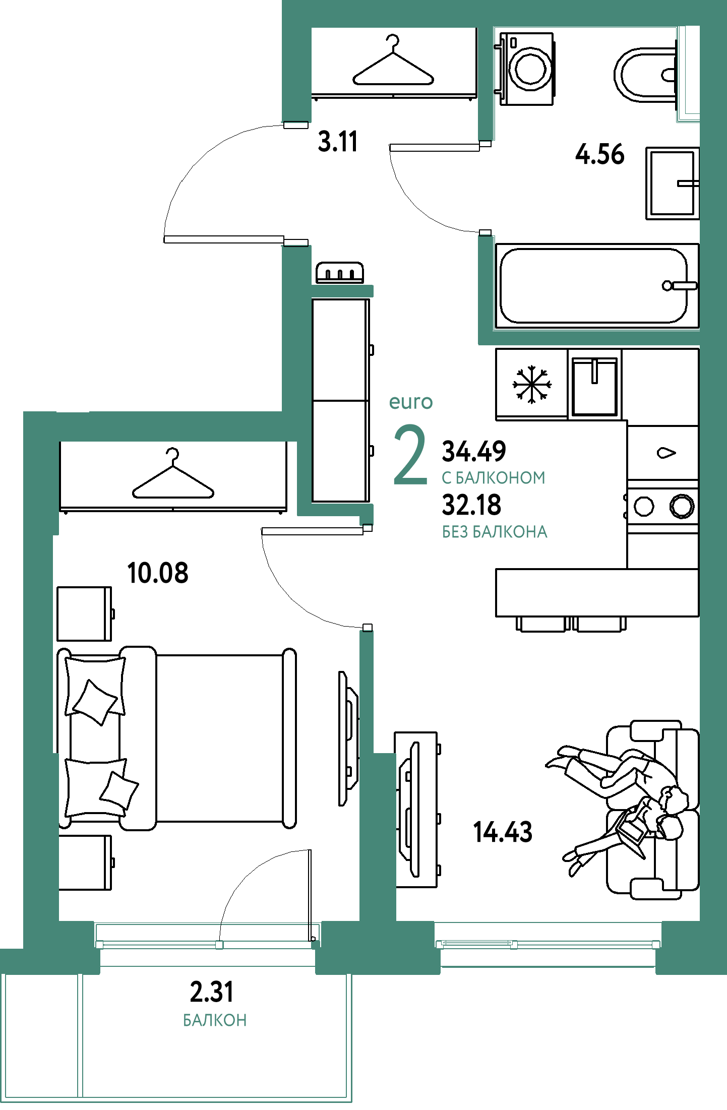 ЖК "Сибирский сад"-2-комнатная 34.49 м²