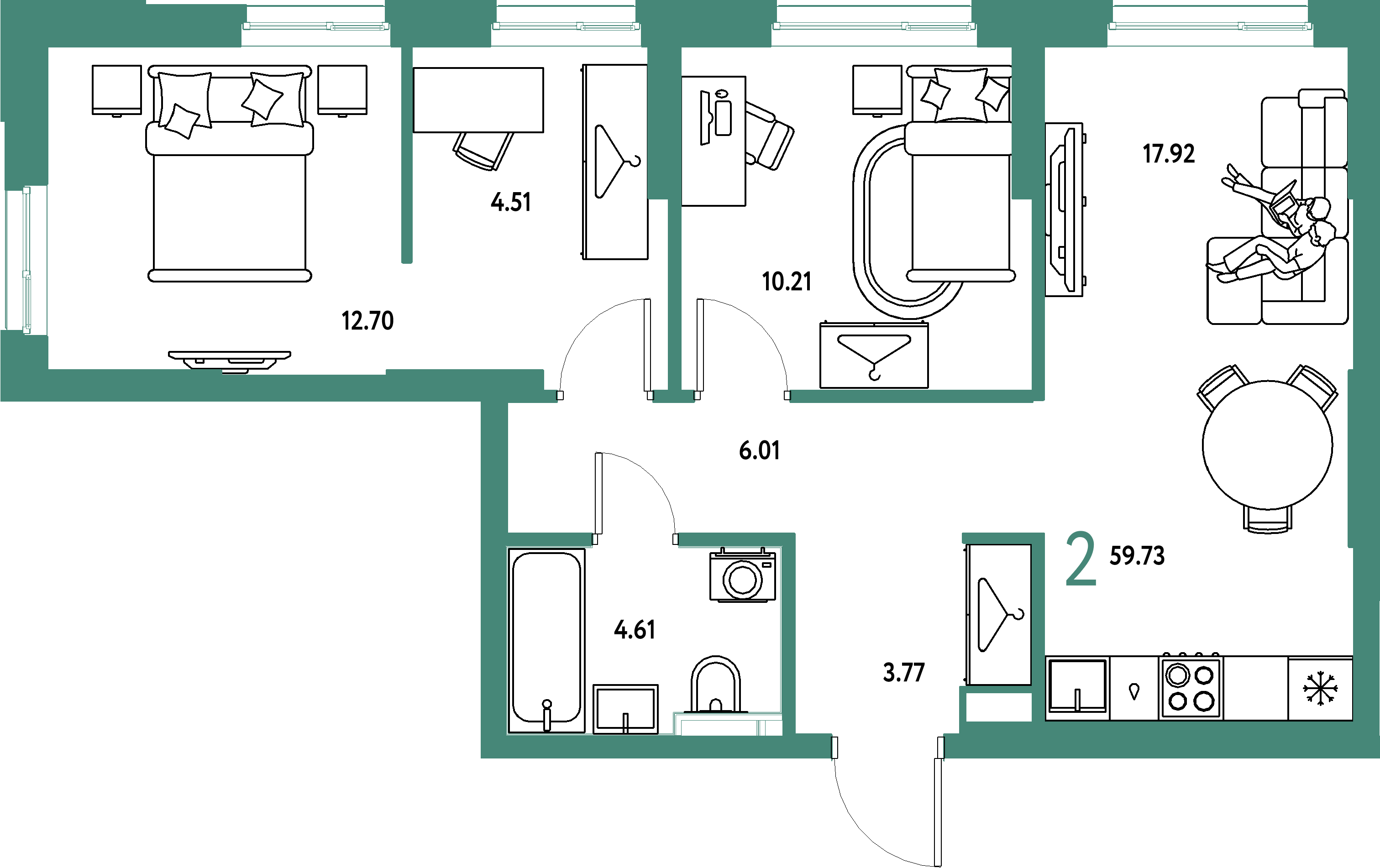 ЖК "Сибирский сад"-2-комнатная 59.73 м²